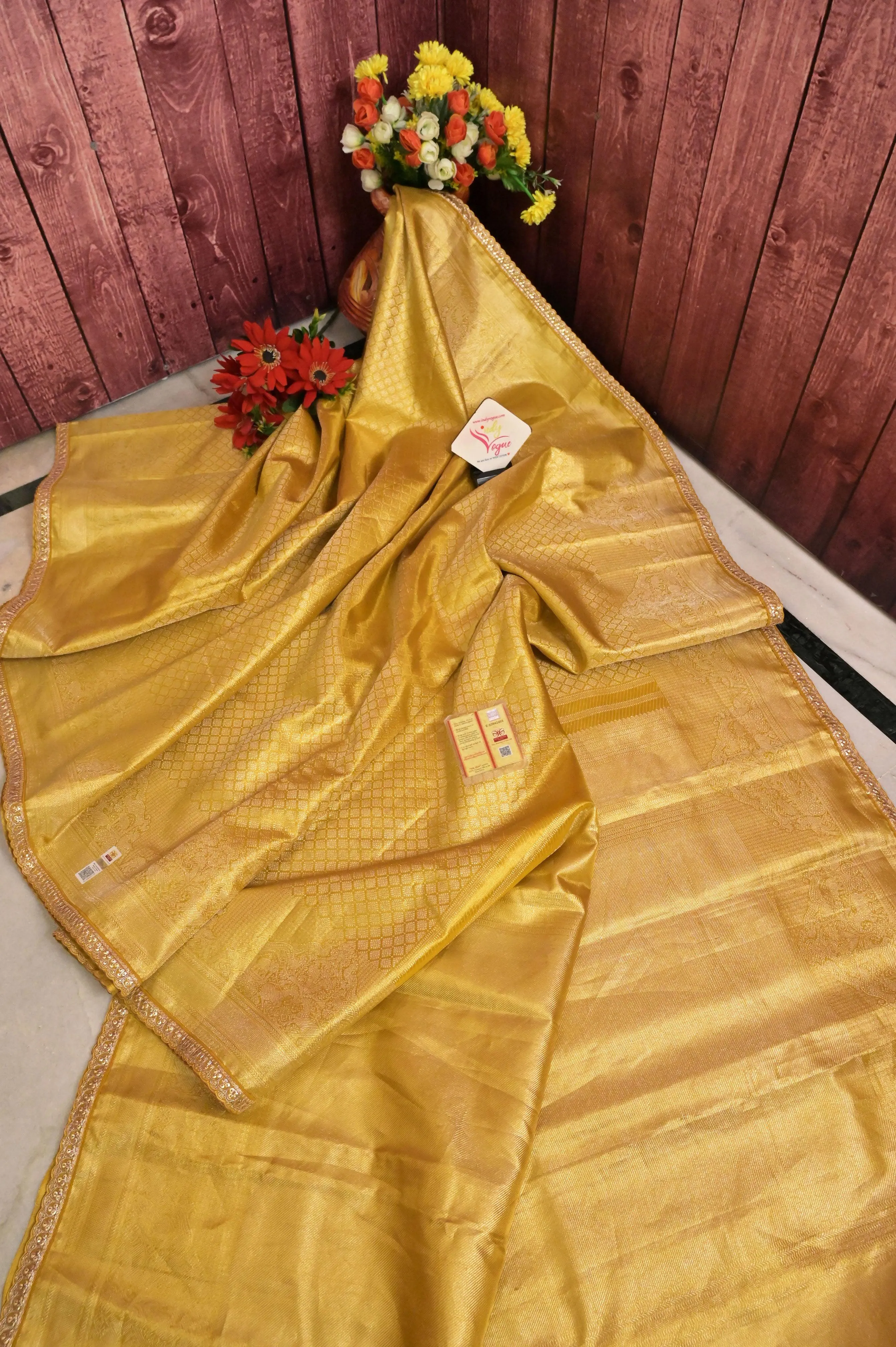 Golden Color Pure Brocade Kanjeevaram Silk Saree