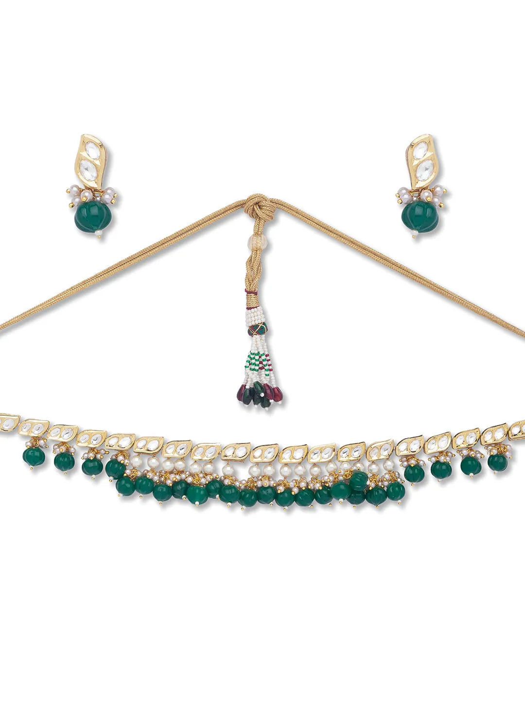 Golden, Green, Pearly Crème, Kundan Polki, Necklace Set