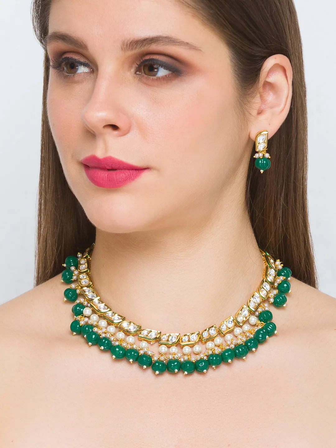 Golden, Green, Pearly Crème, Kundan Polki, Necklace Set