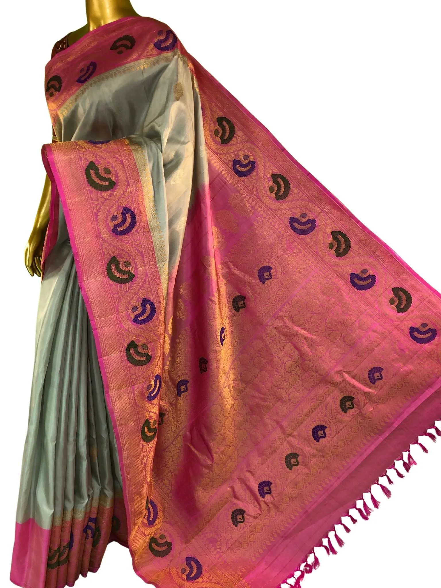 Gray Color Gadwal Silk Saree with Silver & Golden Zari Buti Work with Meenakari Work