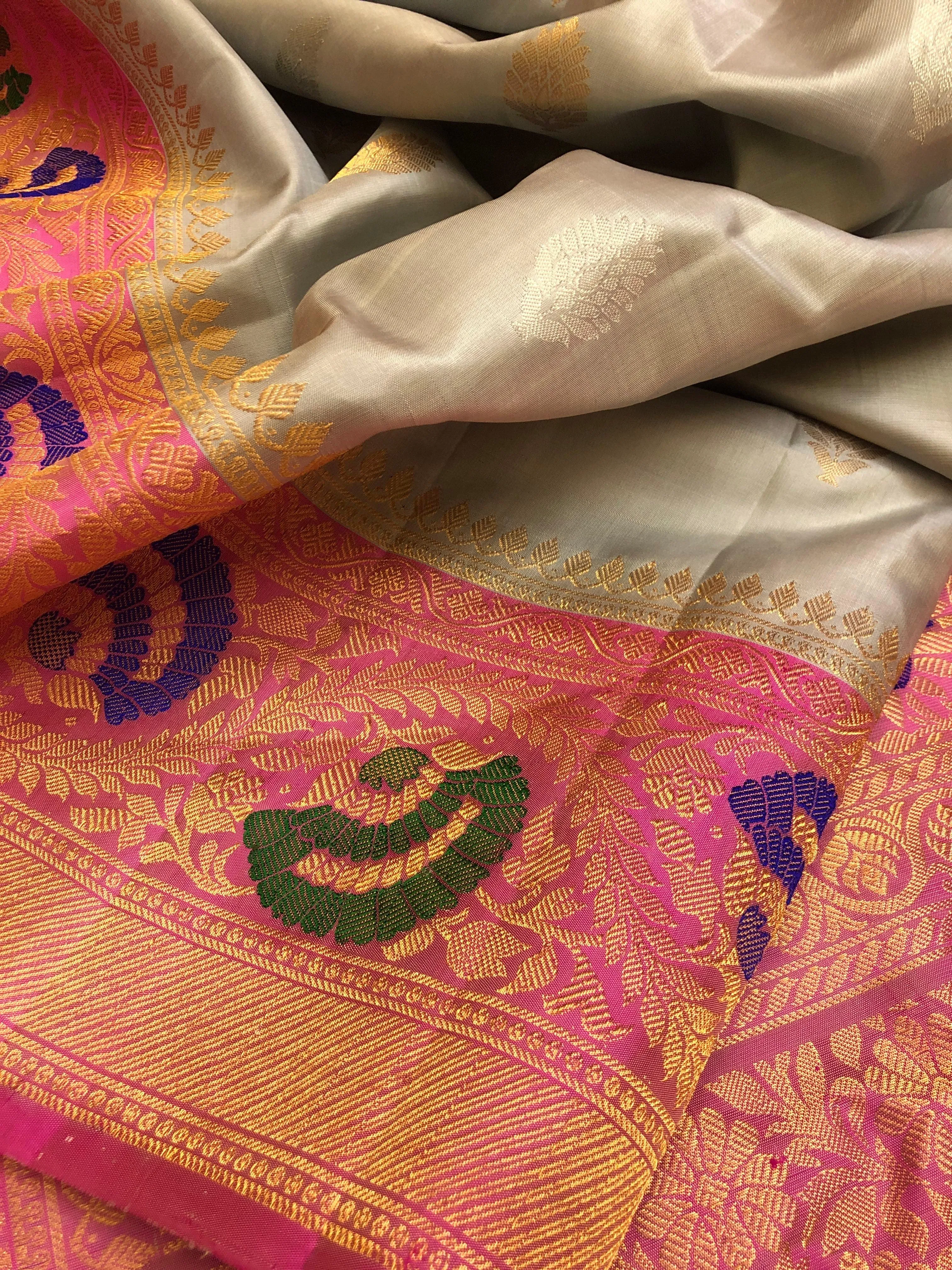 Gray Color Gadwal Silk Saree with Silver & Golden Zari Buti Work with Meenakari Work