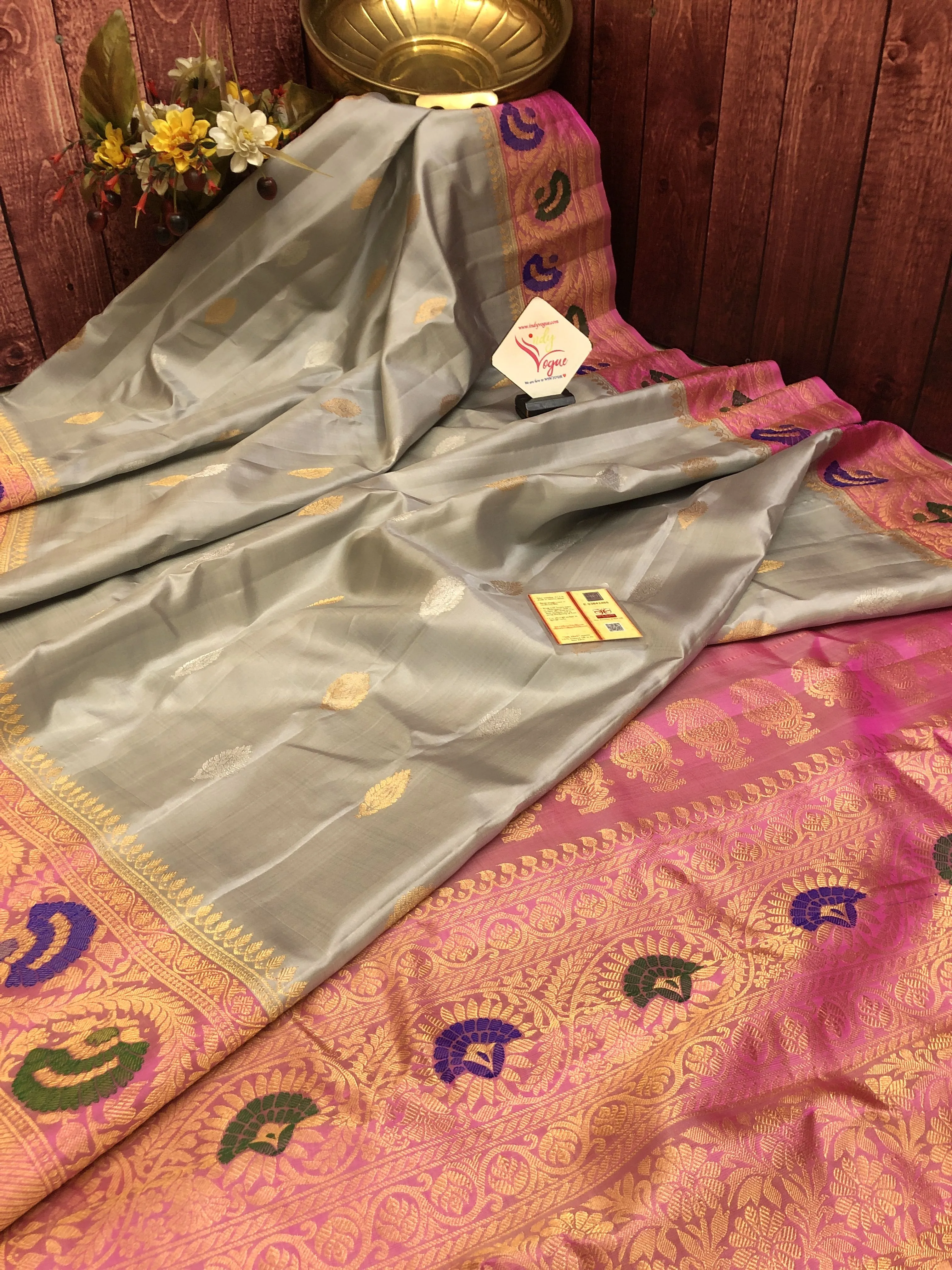 Gray Color Gadwal Silk Saree with Silver & Golden Zari Buti Work with Meenakari Work