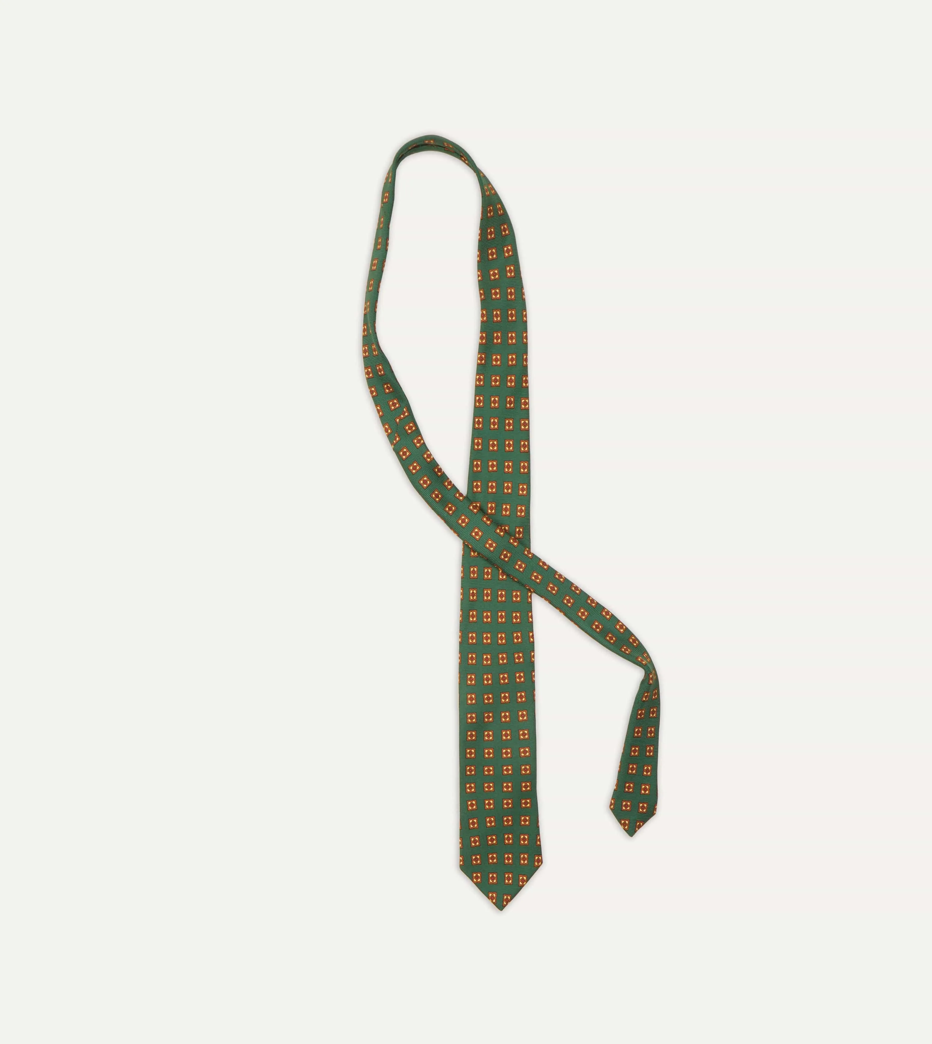 Green and Gold Diamond Medallion Print Madder Twill Silk Tie