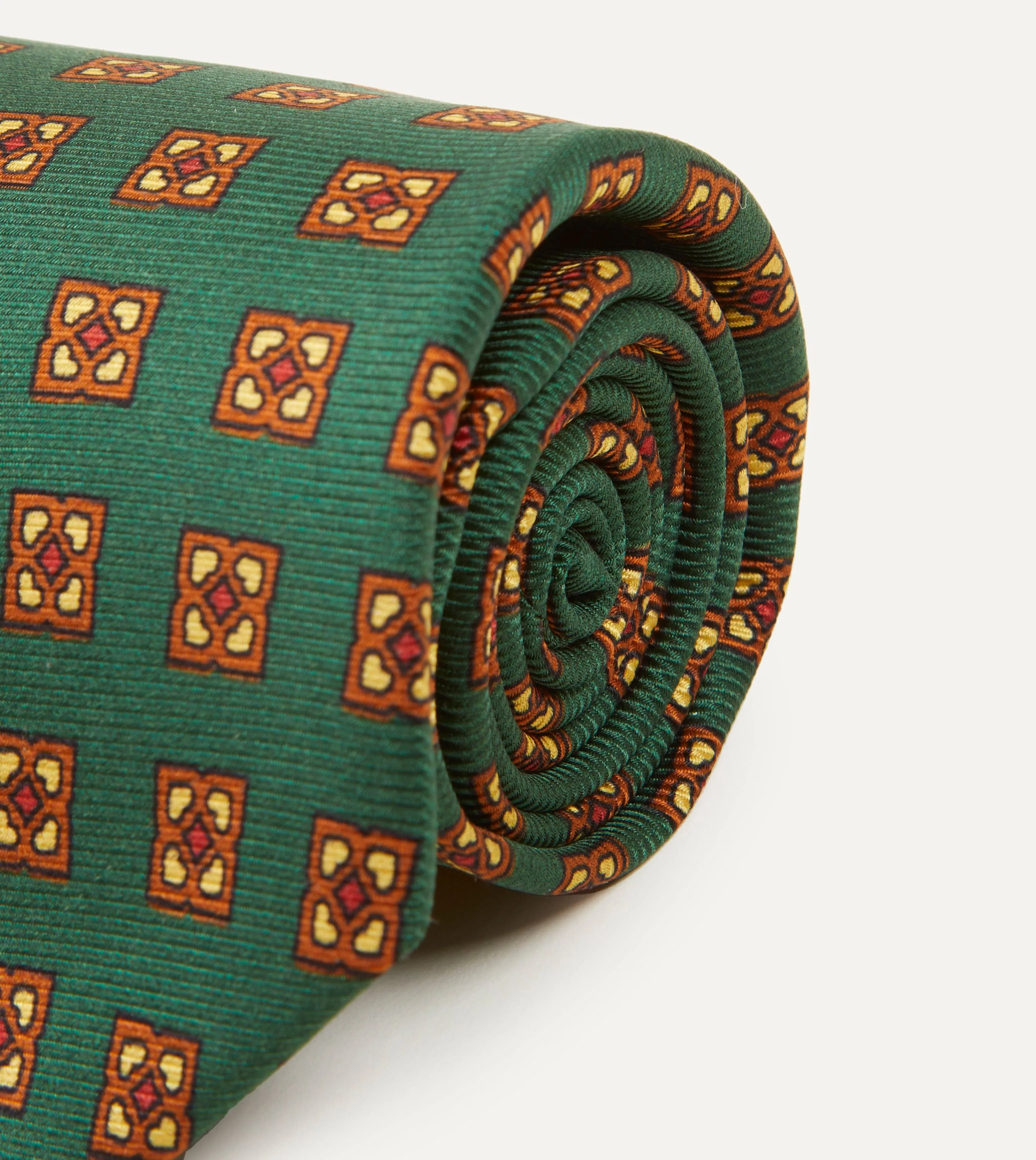 Green and Gold Diamond Medallion Print Madder Twill Silk Tie