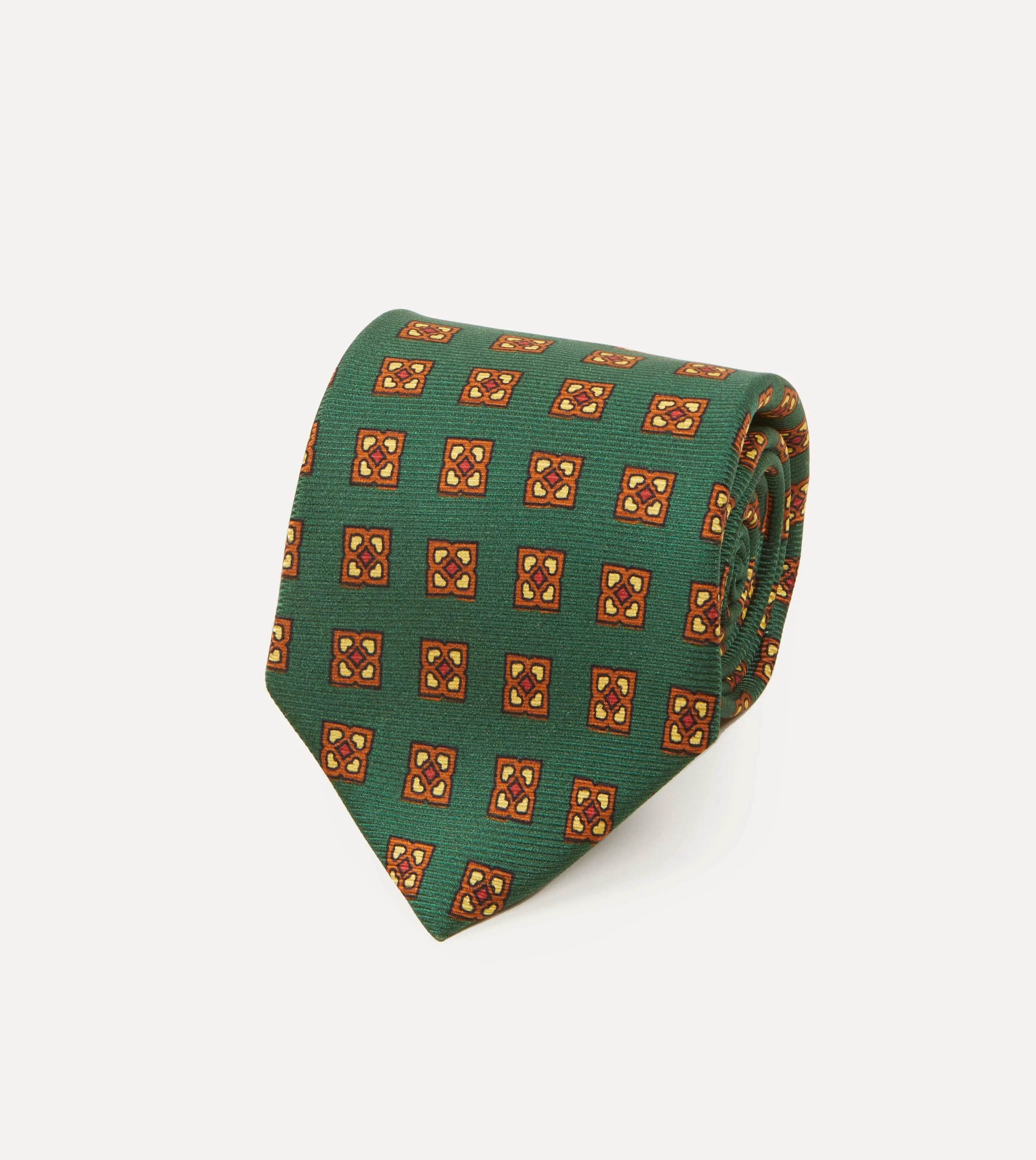 Green and Gold Diamond Medallion Print Madder Twill Silk Tie