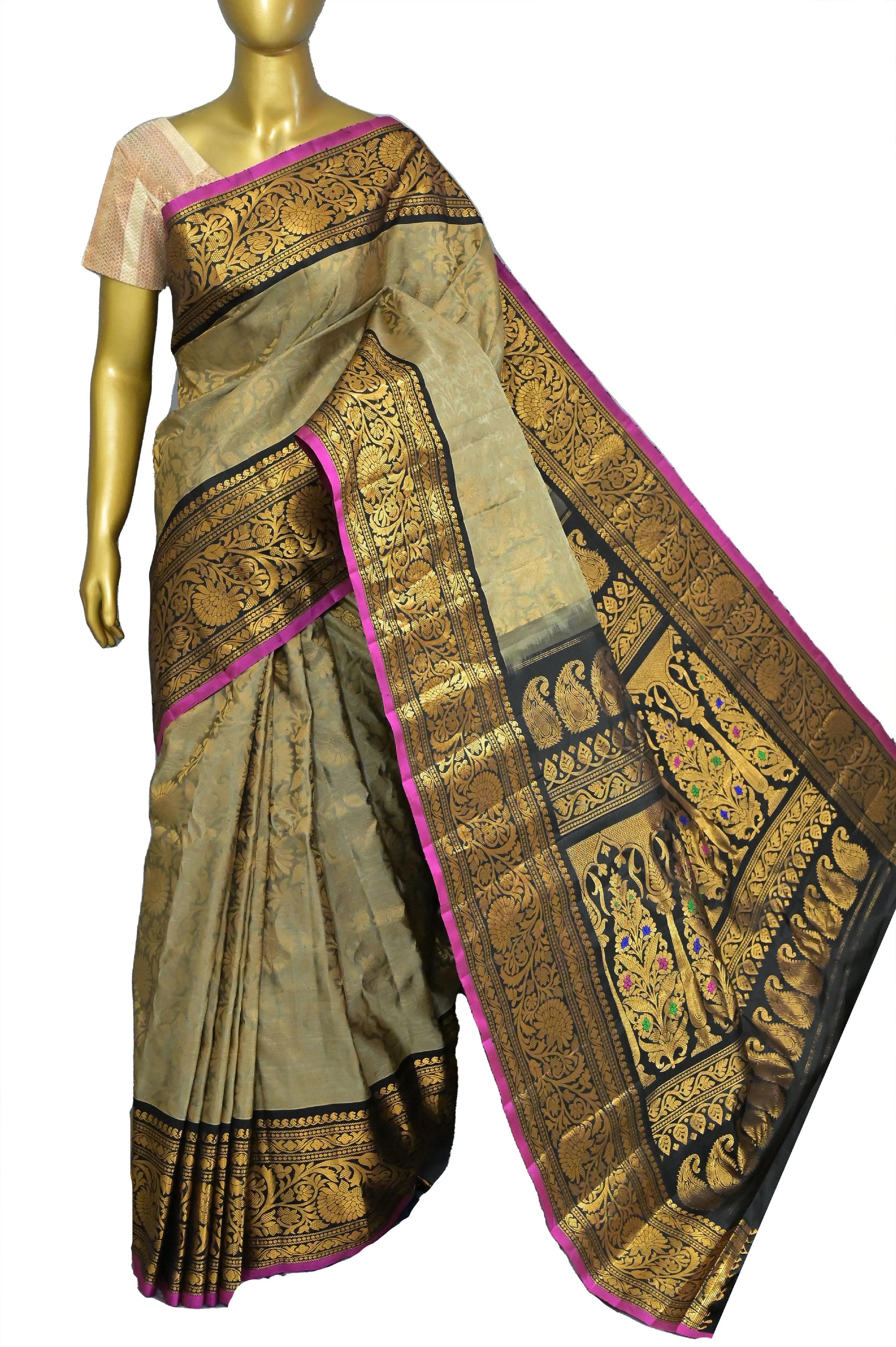 Grey Golden and Black Color Pure Brocade Gadwal Silk Saree with Kanchi Border