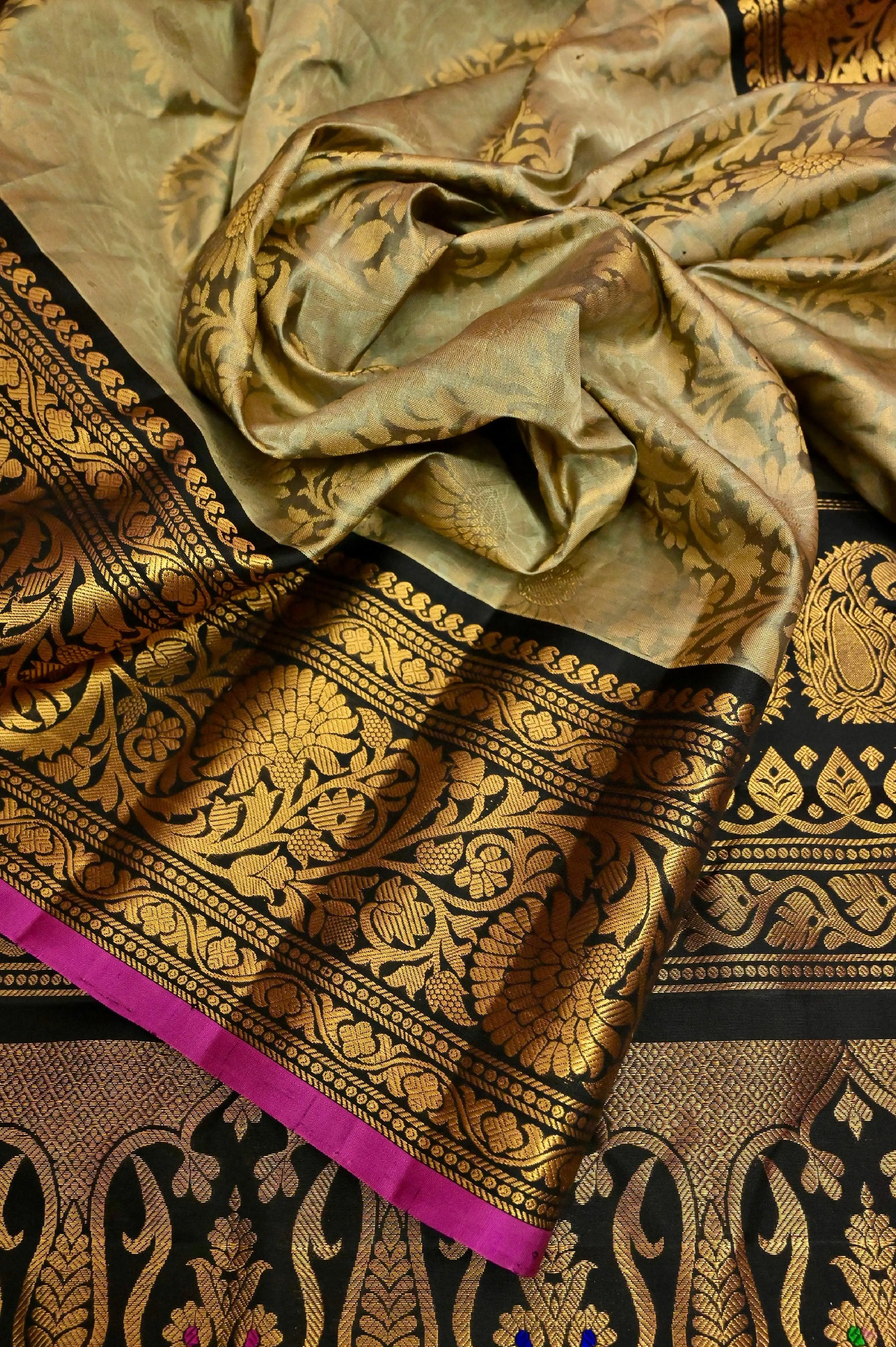 Grey Golden and Black Color Pure Brocade Gadwal Silk Saree with Kanchi Border