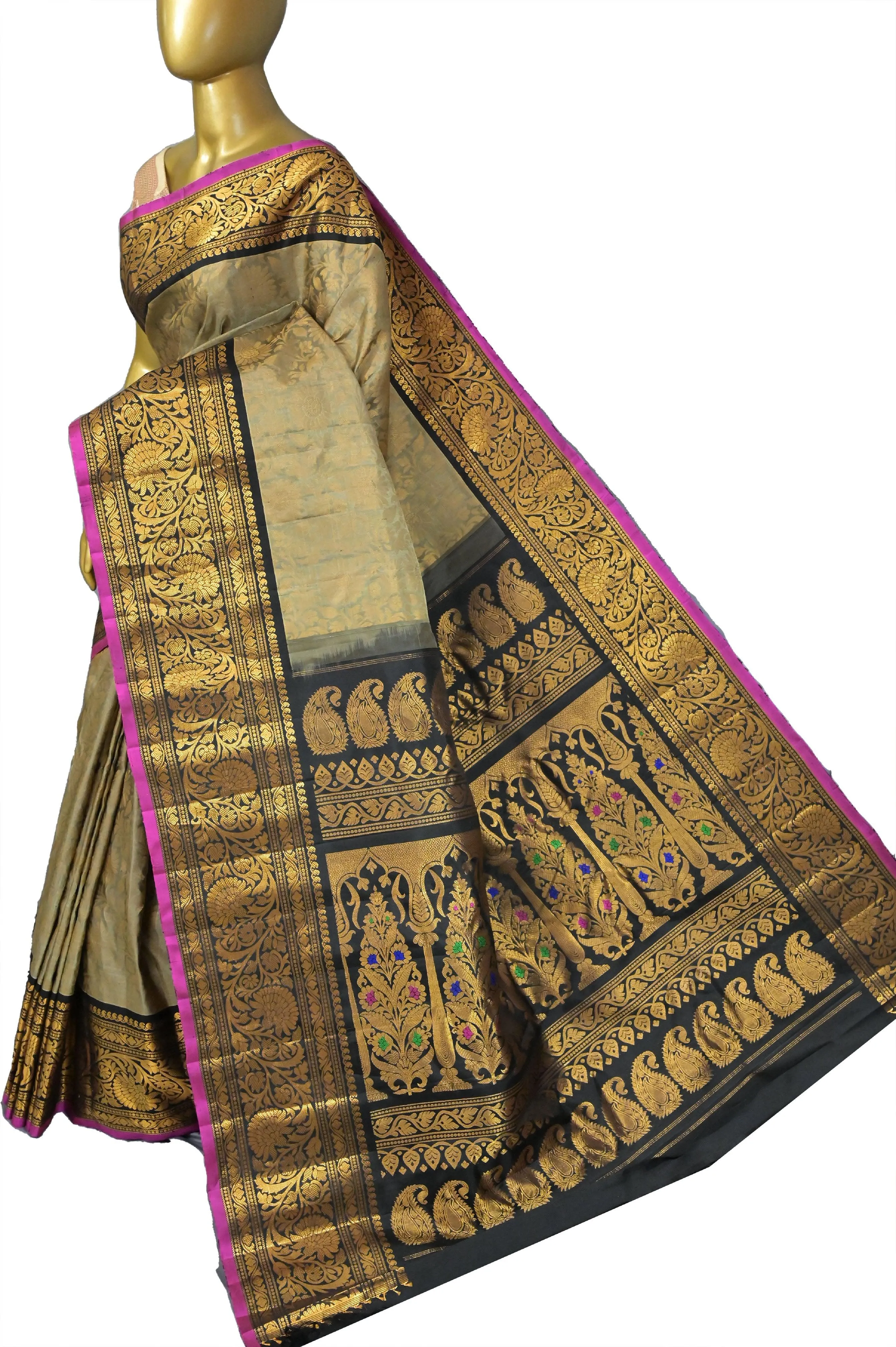 Grey Golden and Black Color Pure Brocade Gadwal Silk Saree with Kanchi Border