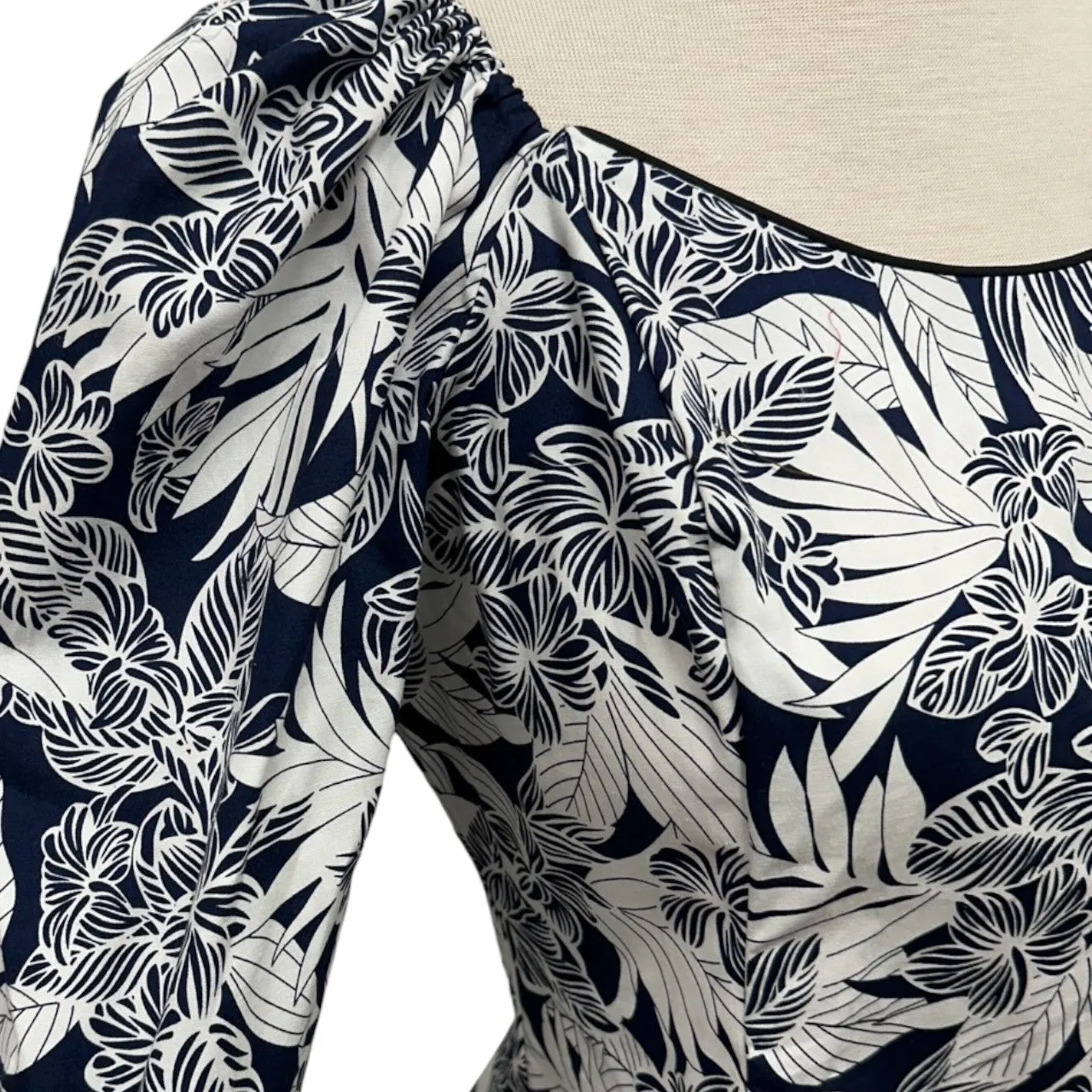 Hawaiian Half  Sleeve Blouse | Black & White Hibiscus - 286B