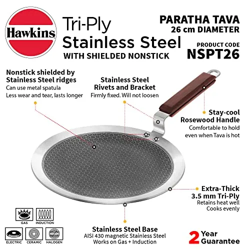 Hawkins 26 cm Paratha Tava, Triply Stainless Steel Nonstick Tawa with Rosewood Handle (NSPT26)