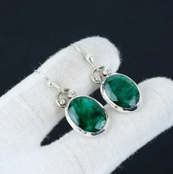 Indian Emerald 925 Sterling Silver Dangle Earrings Handmade Jewelry