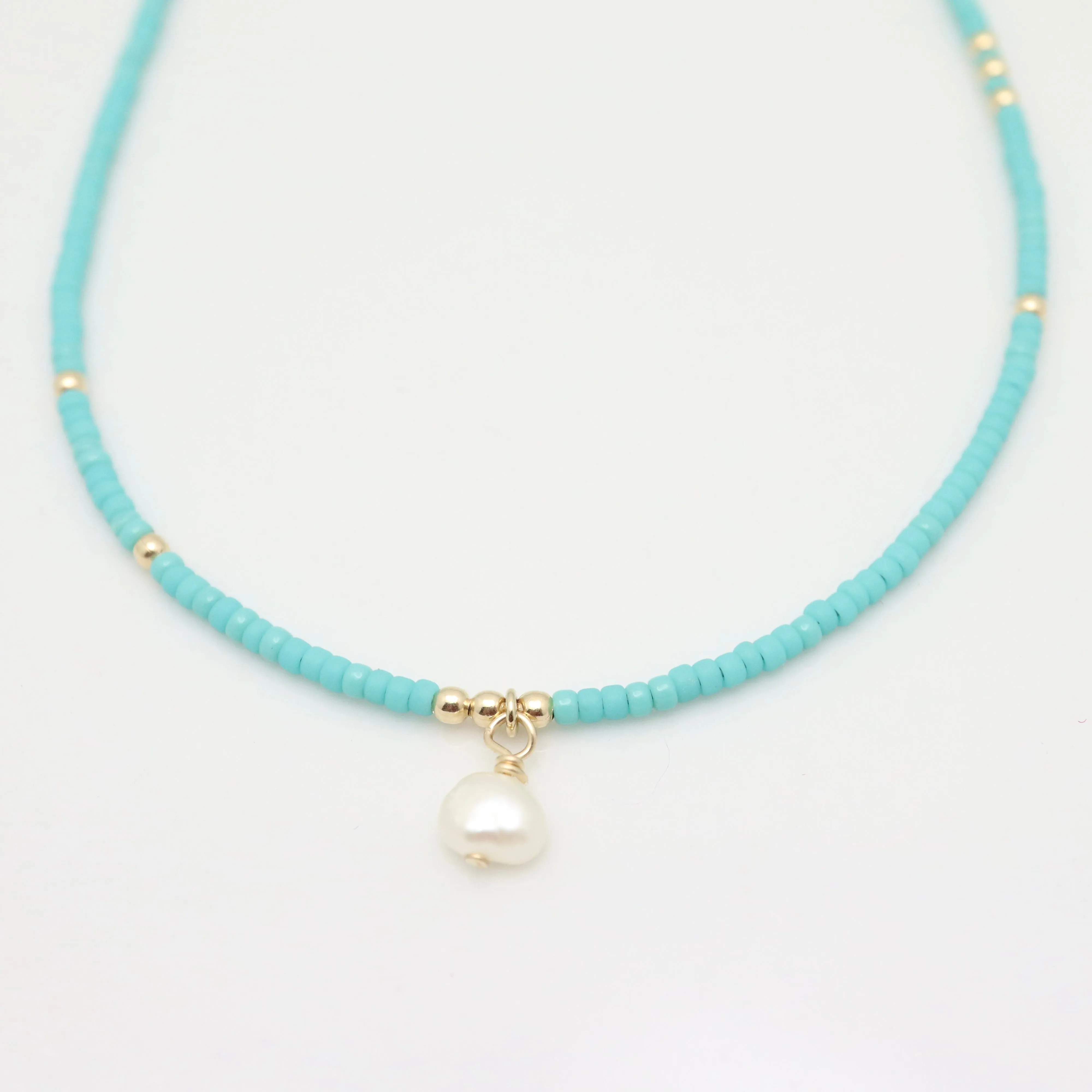 Japanese Seed Bead Choker & Fresh Water Pearl - Bright Turquoise