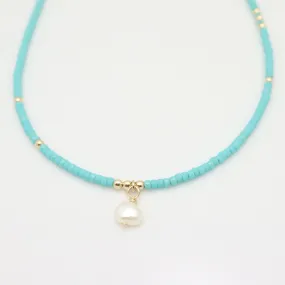 Japanese Seed Bead Choker & Fresh Water Pearl - Bright Turquoise