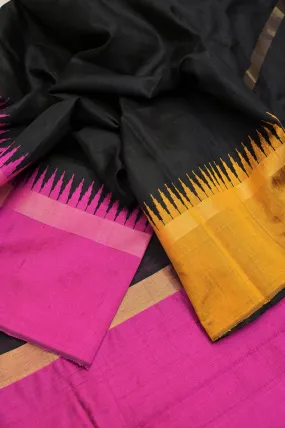 Jet Black Color Pure Raw Silk Saree with Ganga Jamuna Border