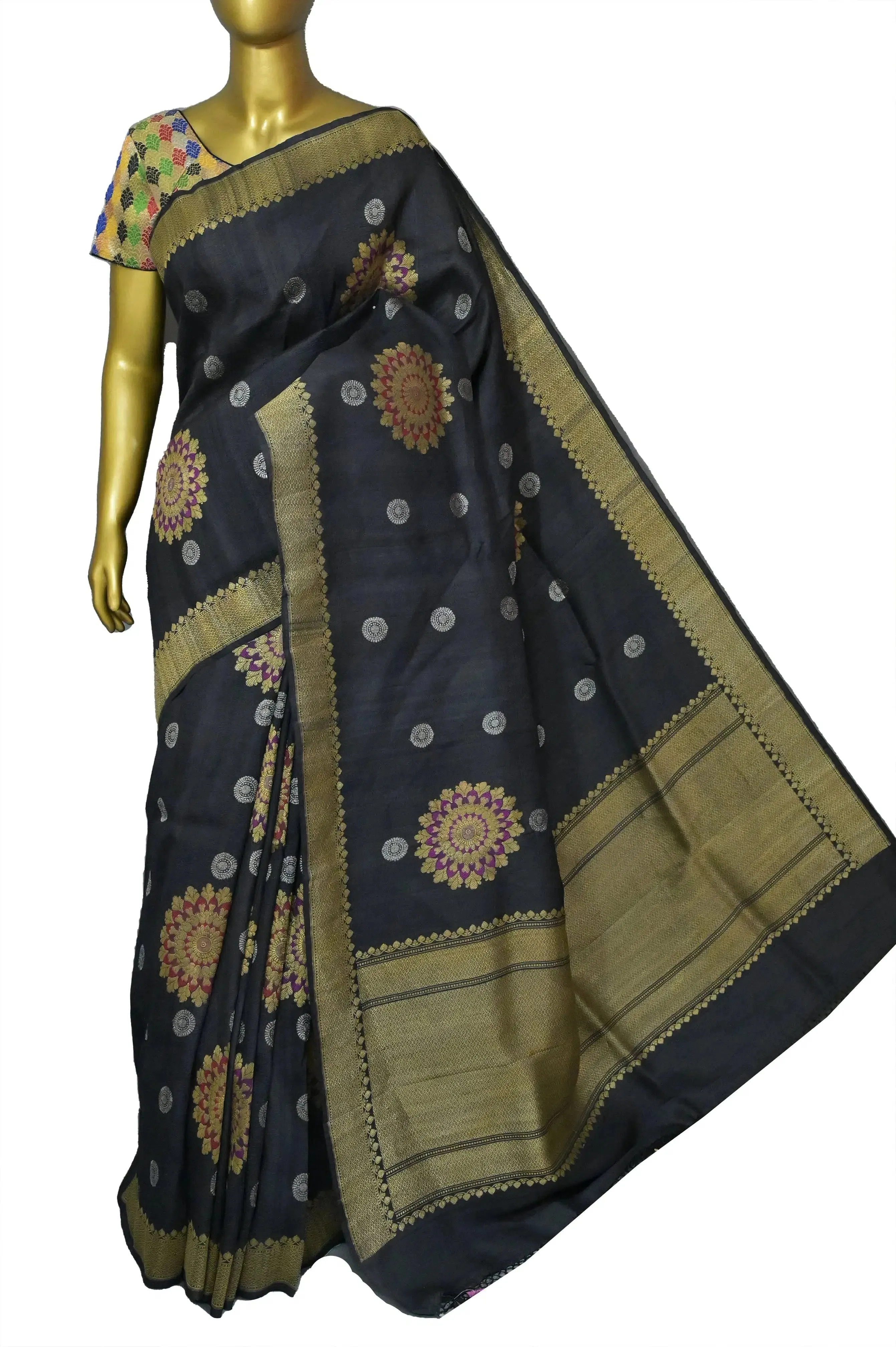 Jet Black Color Tussar Georgette Banarasi Saree with Zari and Meenakari Work