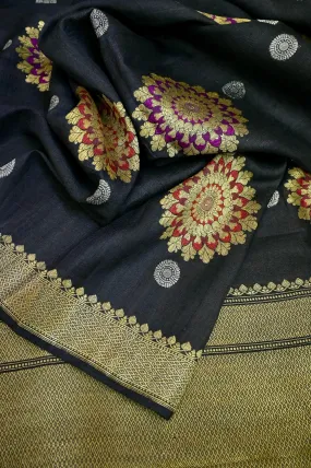 Jet Black Color Tussar Georgette Banarasi Saree with Zari and Meenakari Work