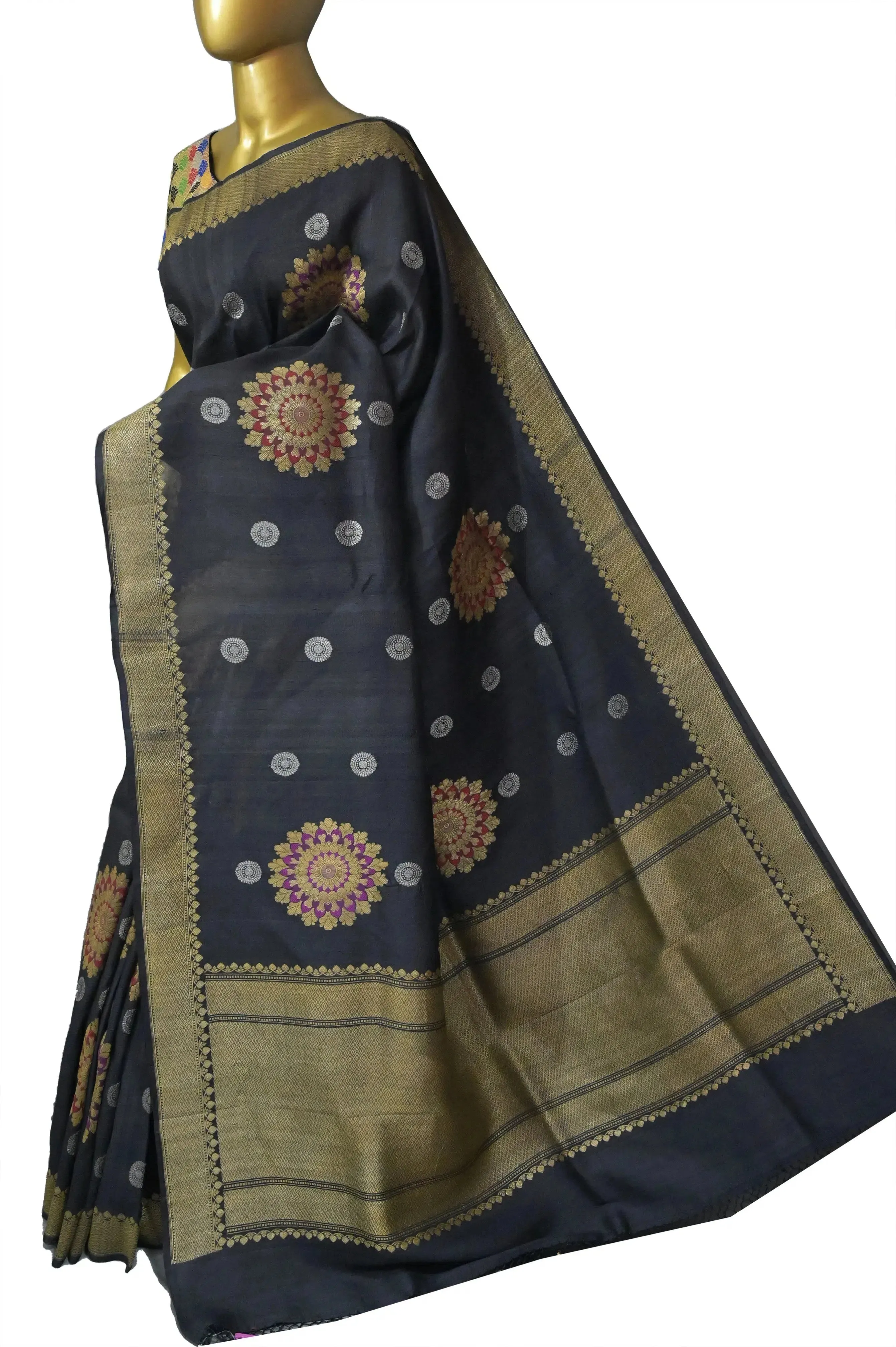 Jet Black Color Tussar Georgette Banarasi Saree with Zari and Meenakari Work