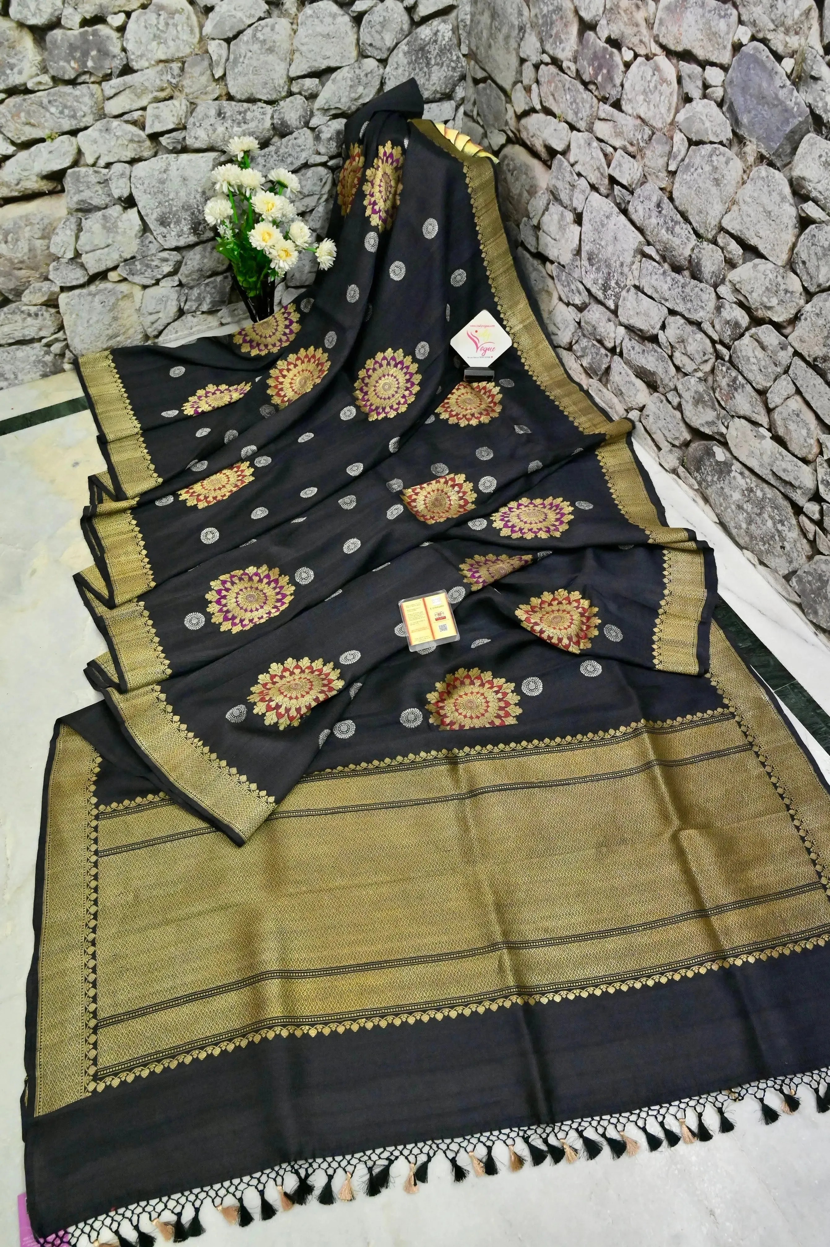 Jet Black Color Tussar Georgette Banarasi Saree with Zari and Meenakari Work