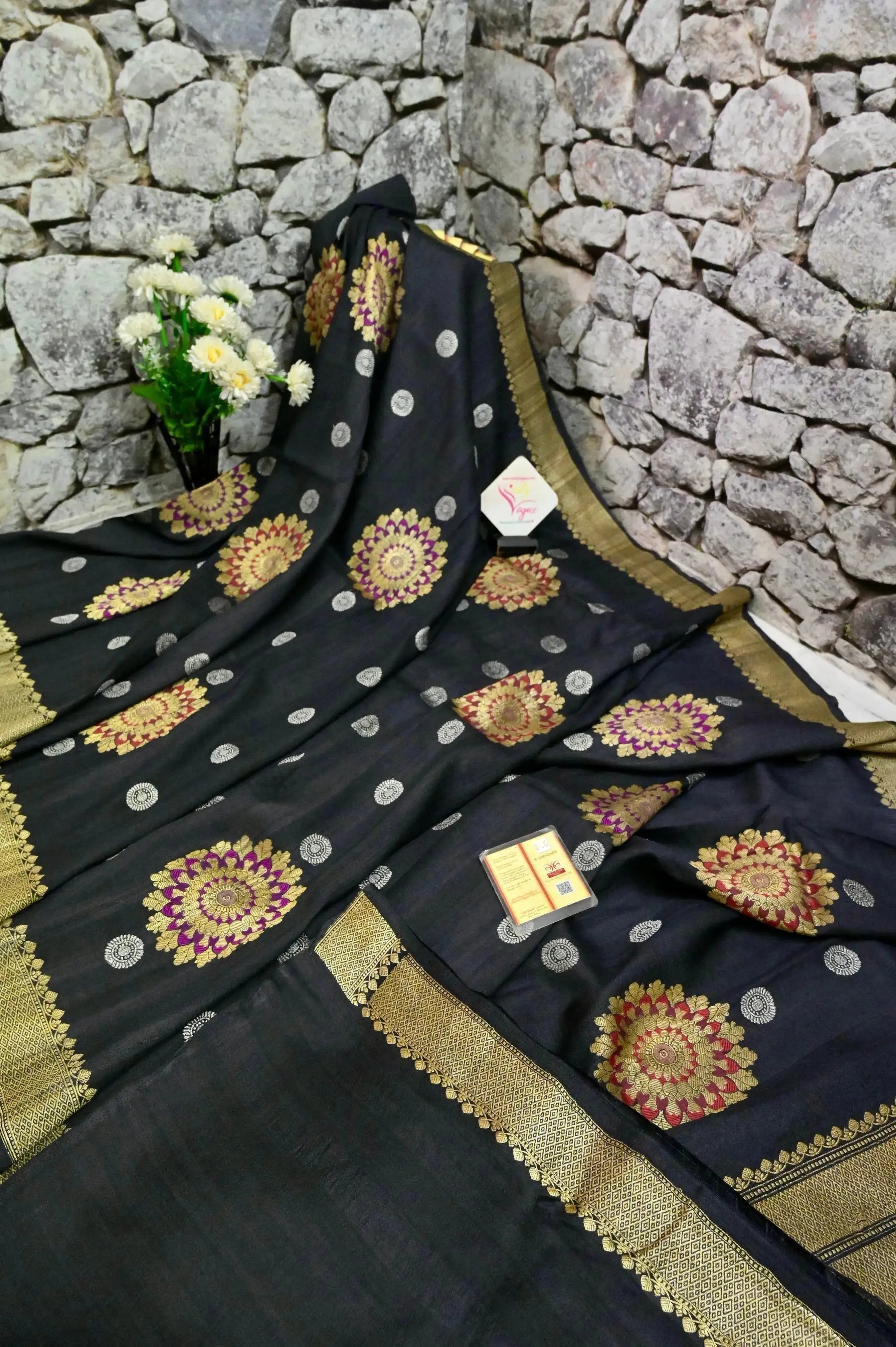 Jet Black Color Tussar Georgette Banarasi Saree with Zari and Meenakari Work