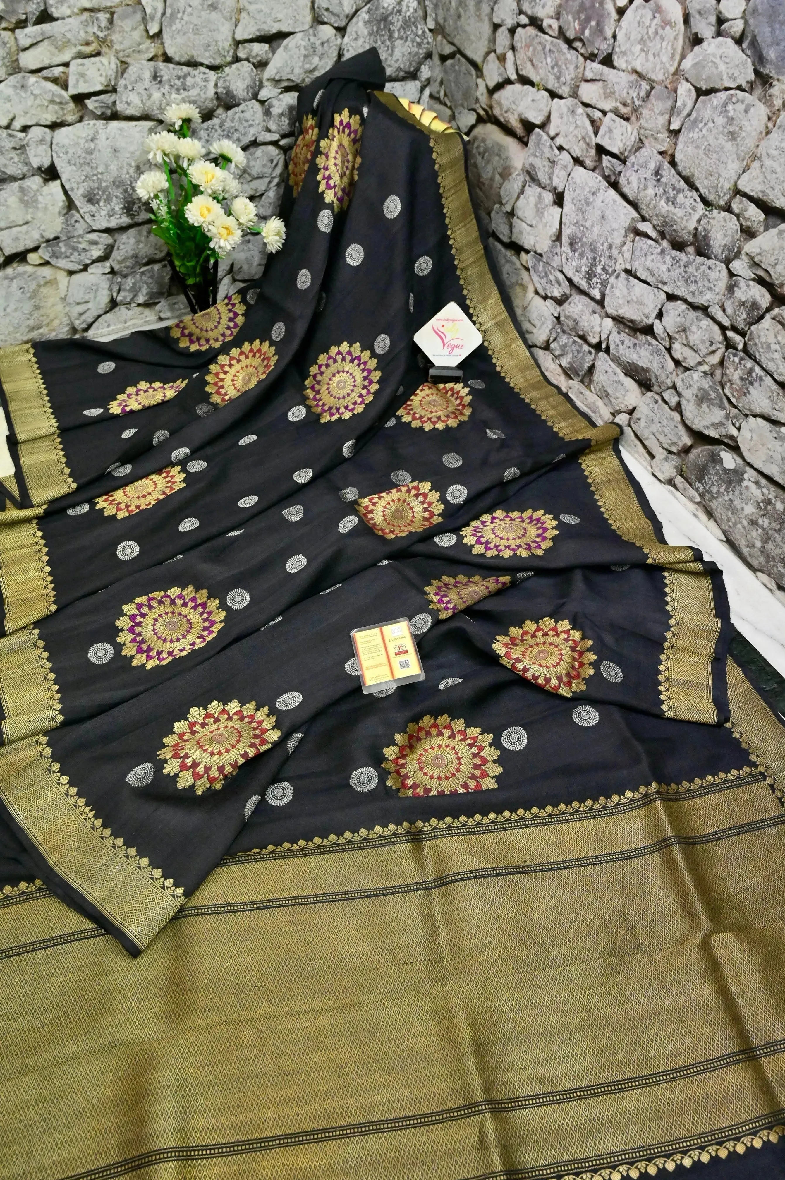 Jet Black Color Tussar Georgette Banarasi Saree with Zari and Meenakari Work