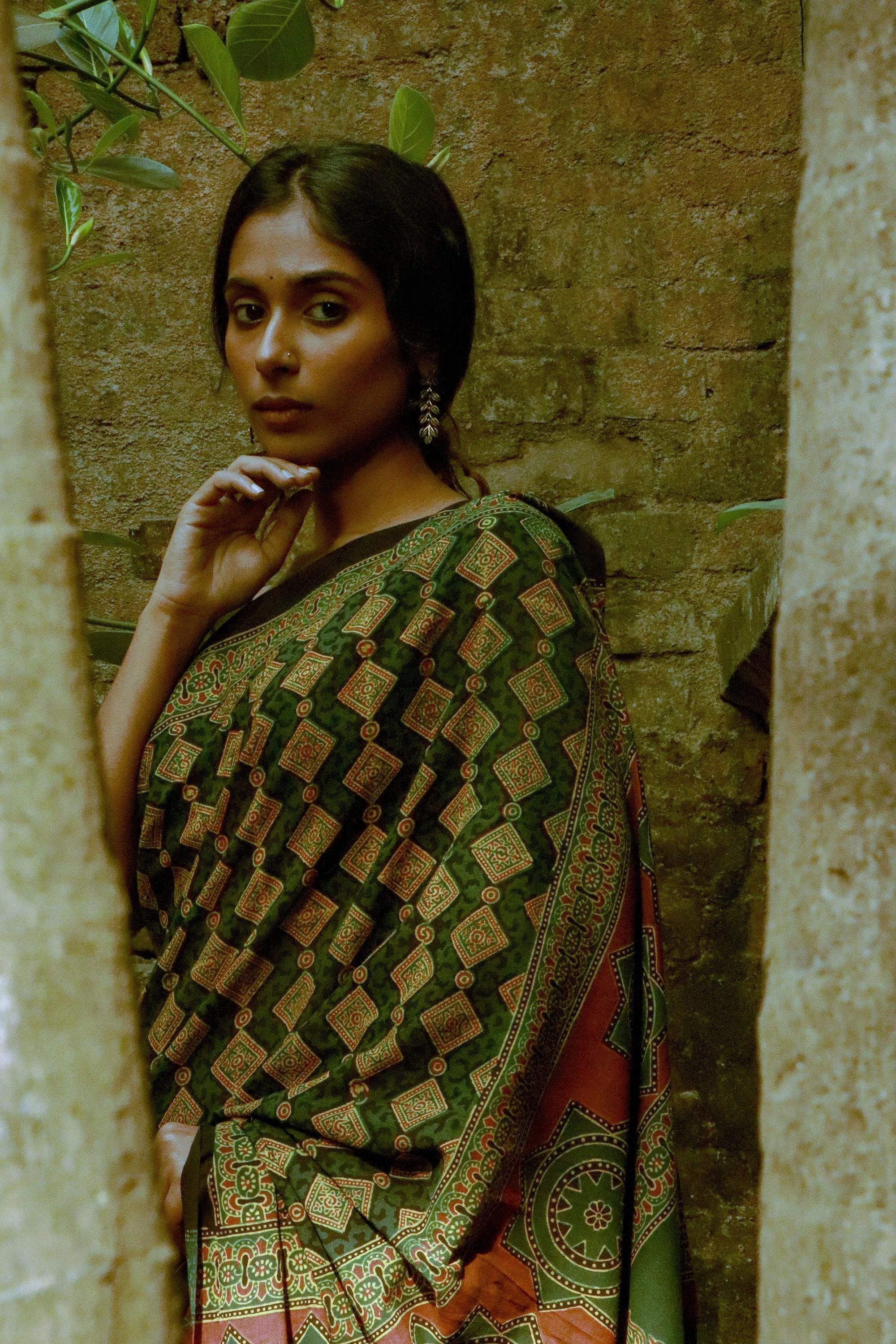 Jharokha -  Green Ajrakh handblockprinted saree