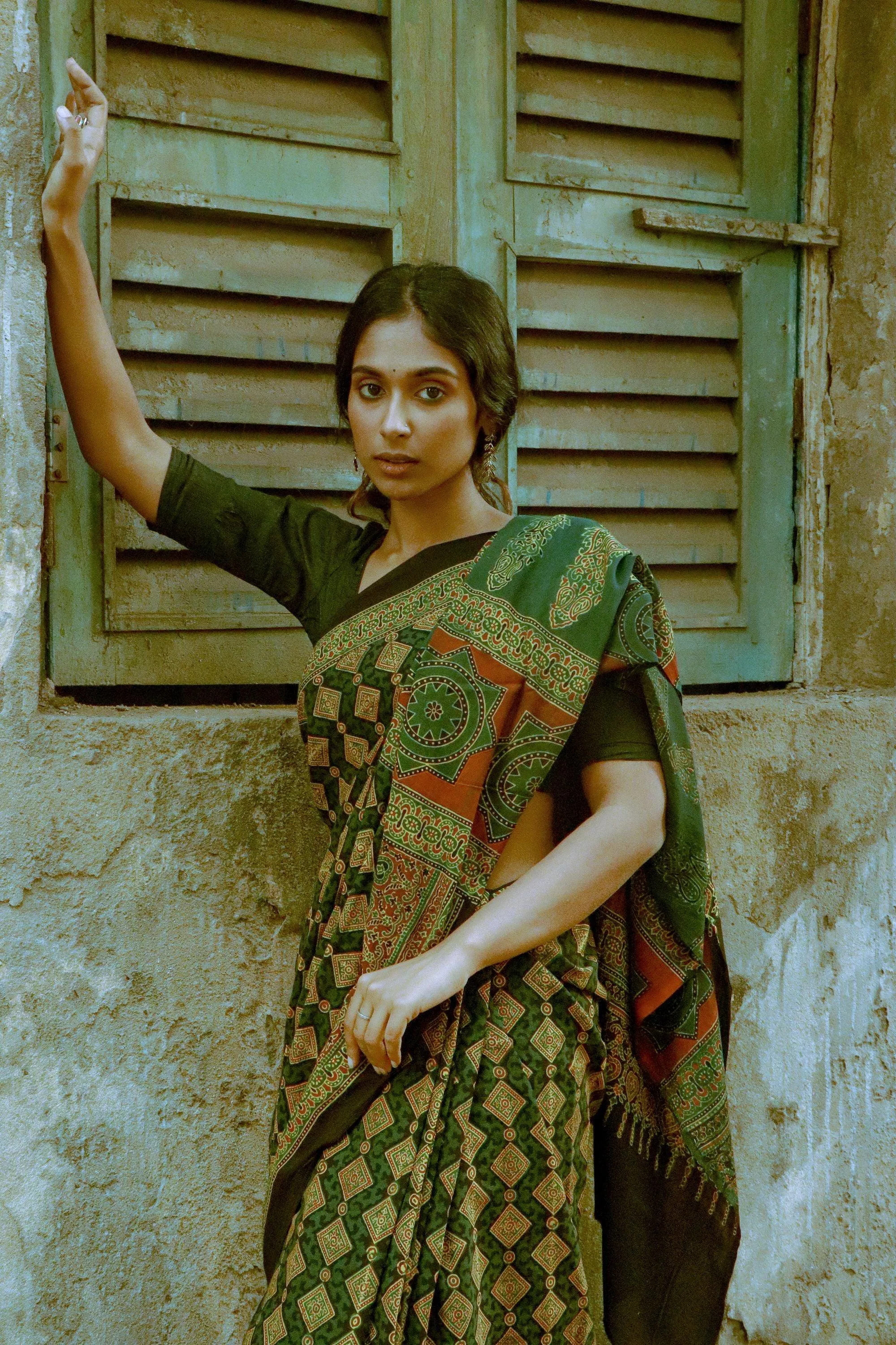 Jharokha -  Green Ajrakh handblockprinted saree