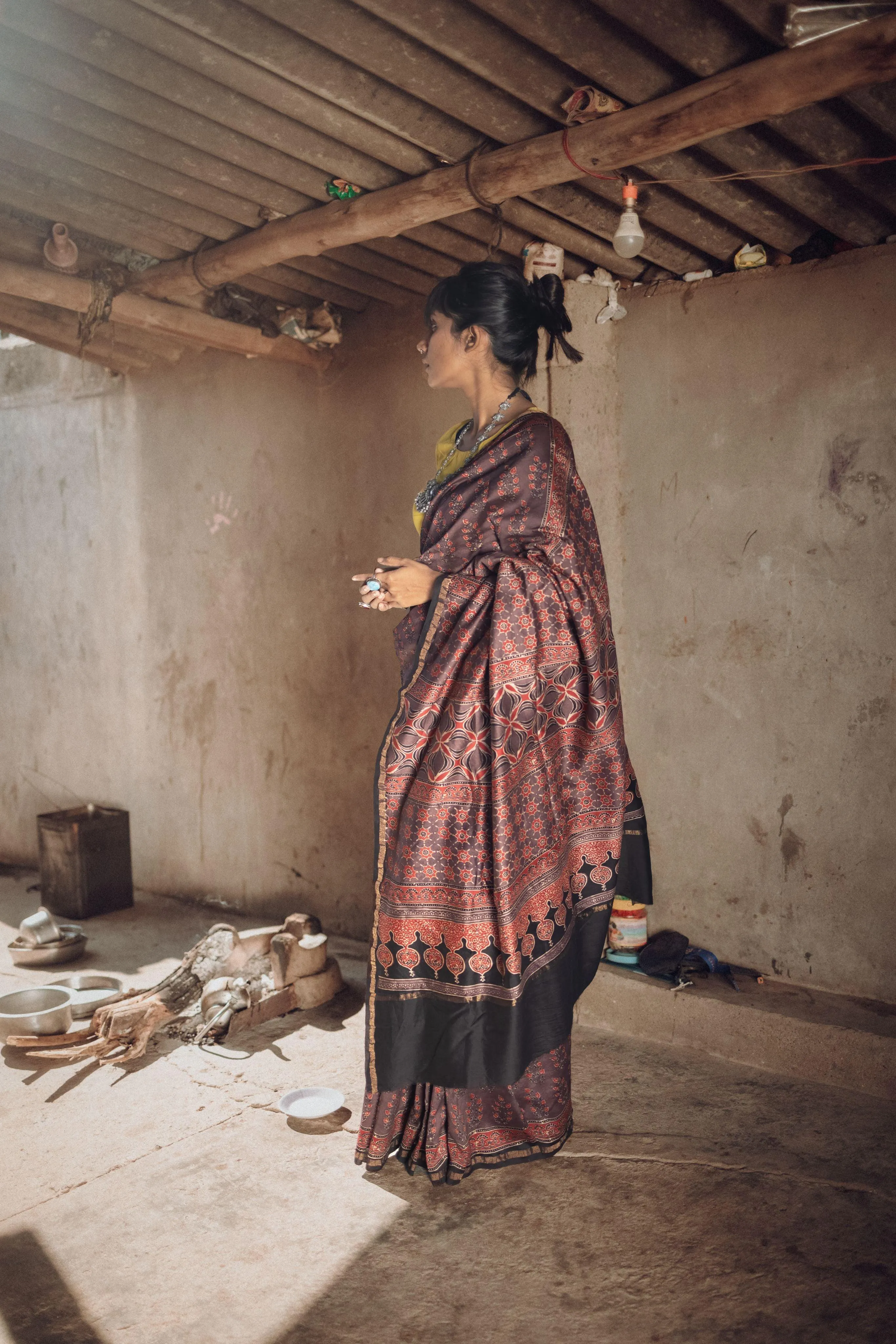 Jharokha -Grey and red silk  cotton Ajrakh handblockprinted saree