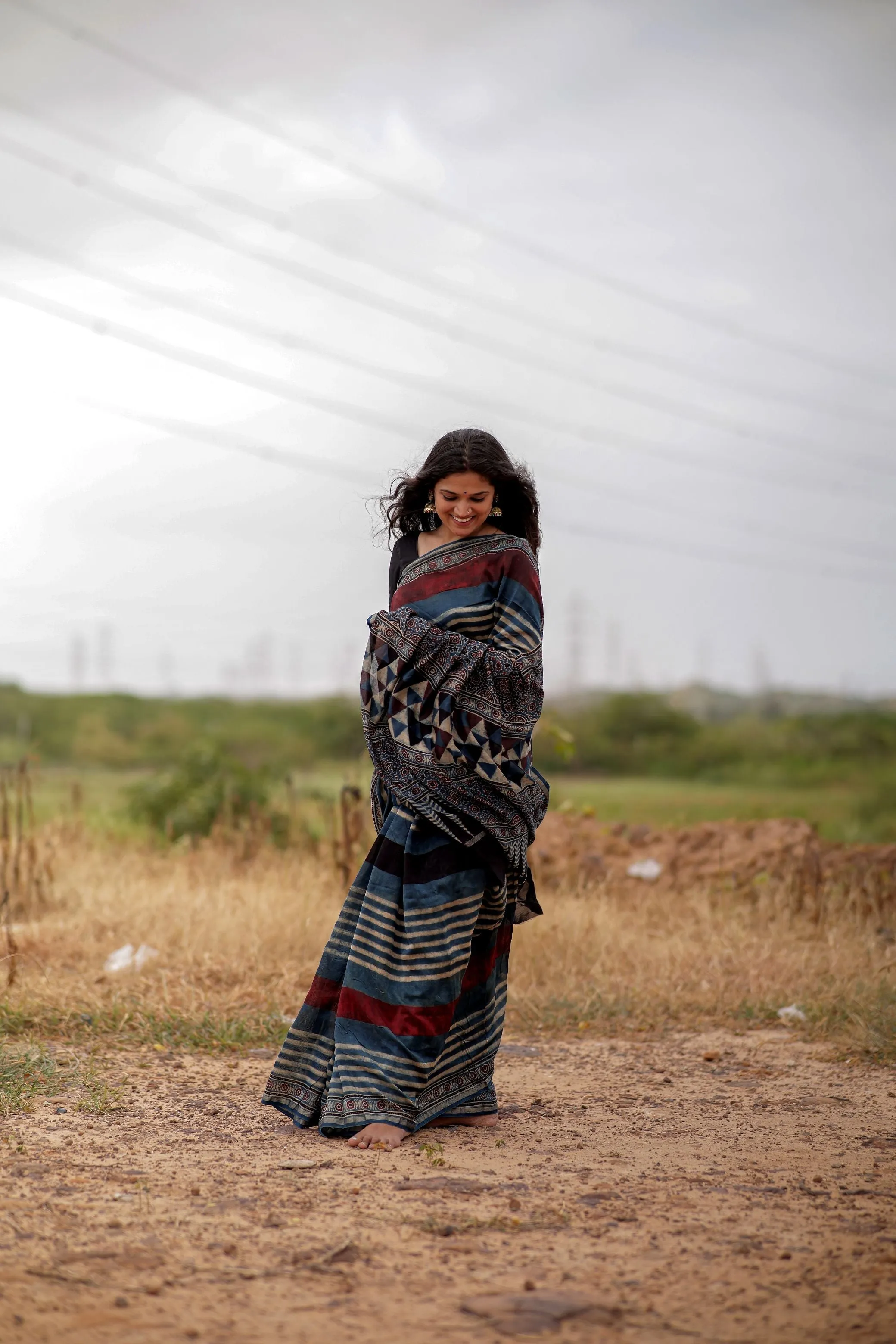 Jharokha -Indigo & black red striped silk cotton Ajrakh handblockprinted saree