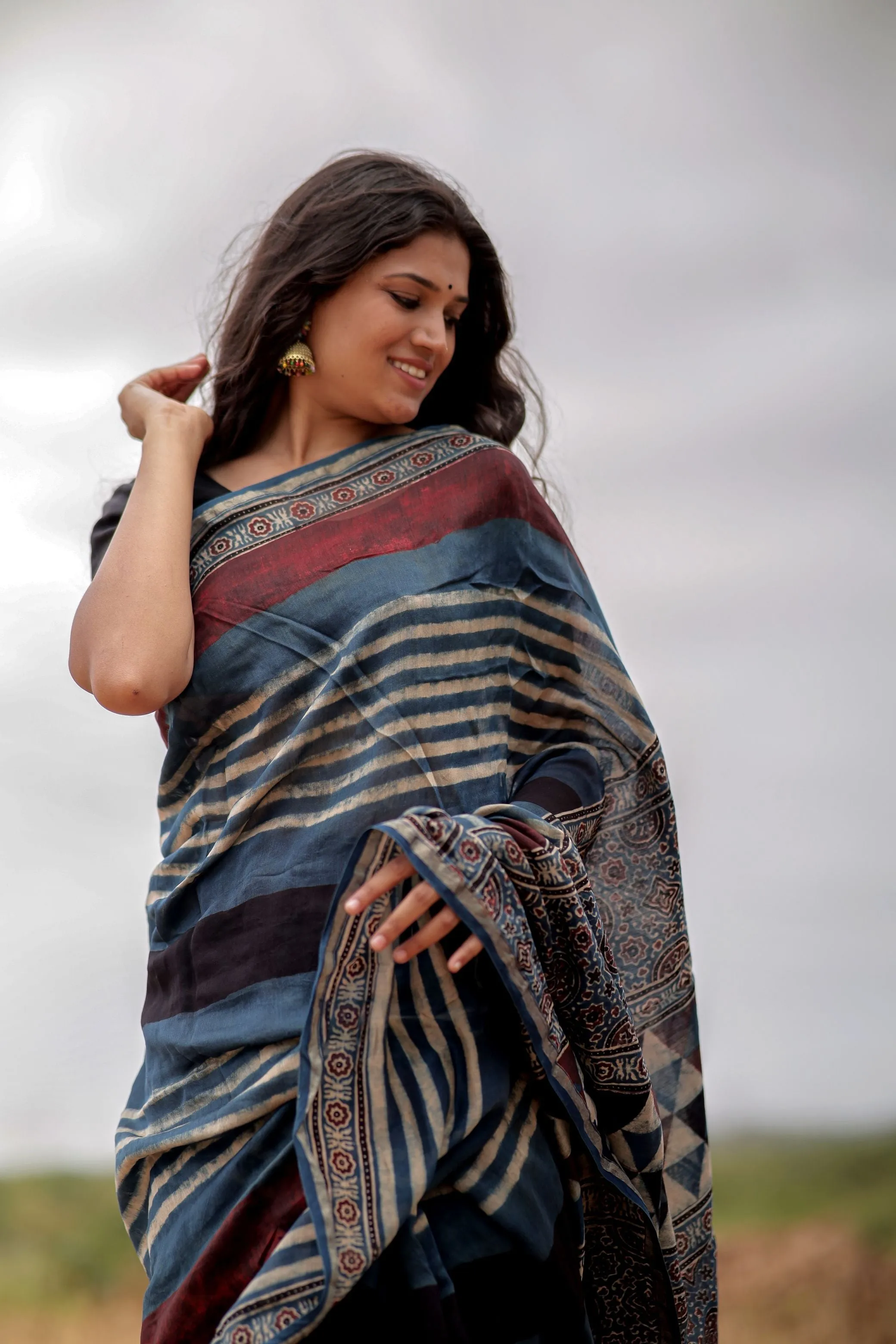 Jharokha -Indigo & black red striped silk cotton Ajrakh handblockprinted saree