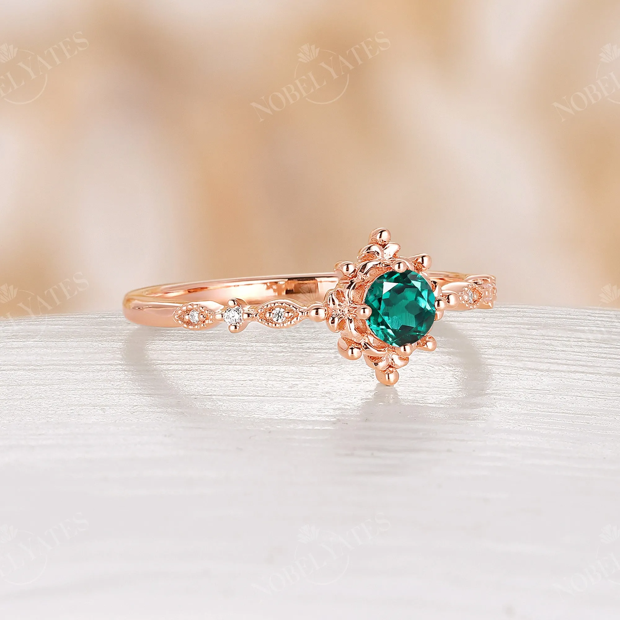 Lab Emerald & Diamond Milgrain Engagement Ring Rose Gold