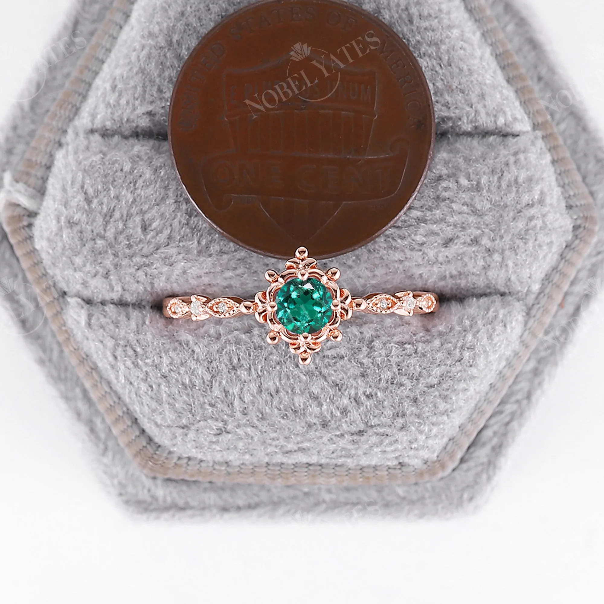 Lab Emerald & Diamond Milgrain Engagement Ring Rose Gold