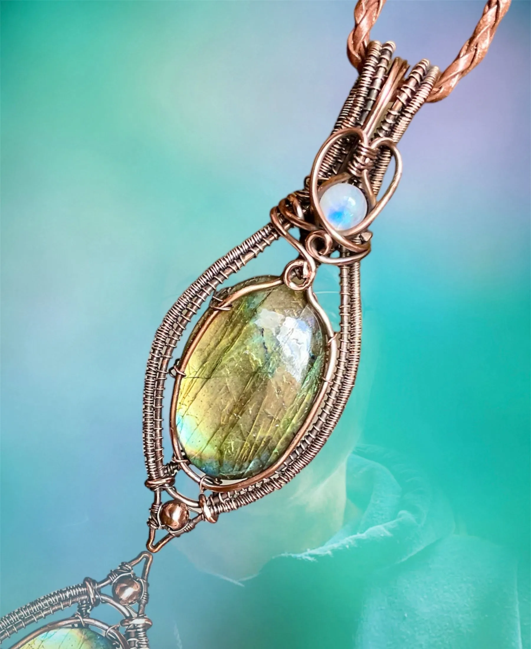 Labradorite and Moonstone Wire Wrapped Pendant