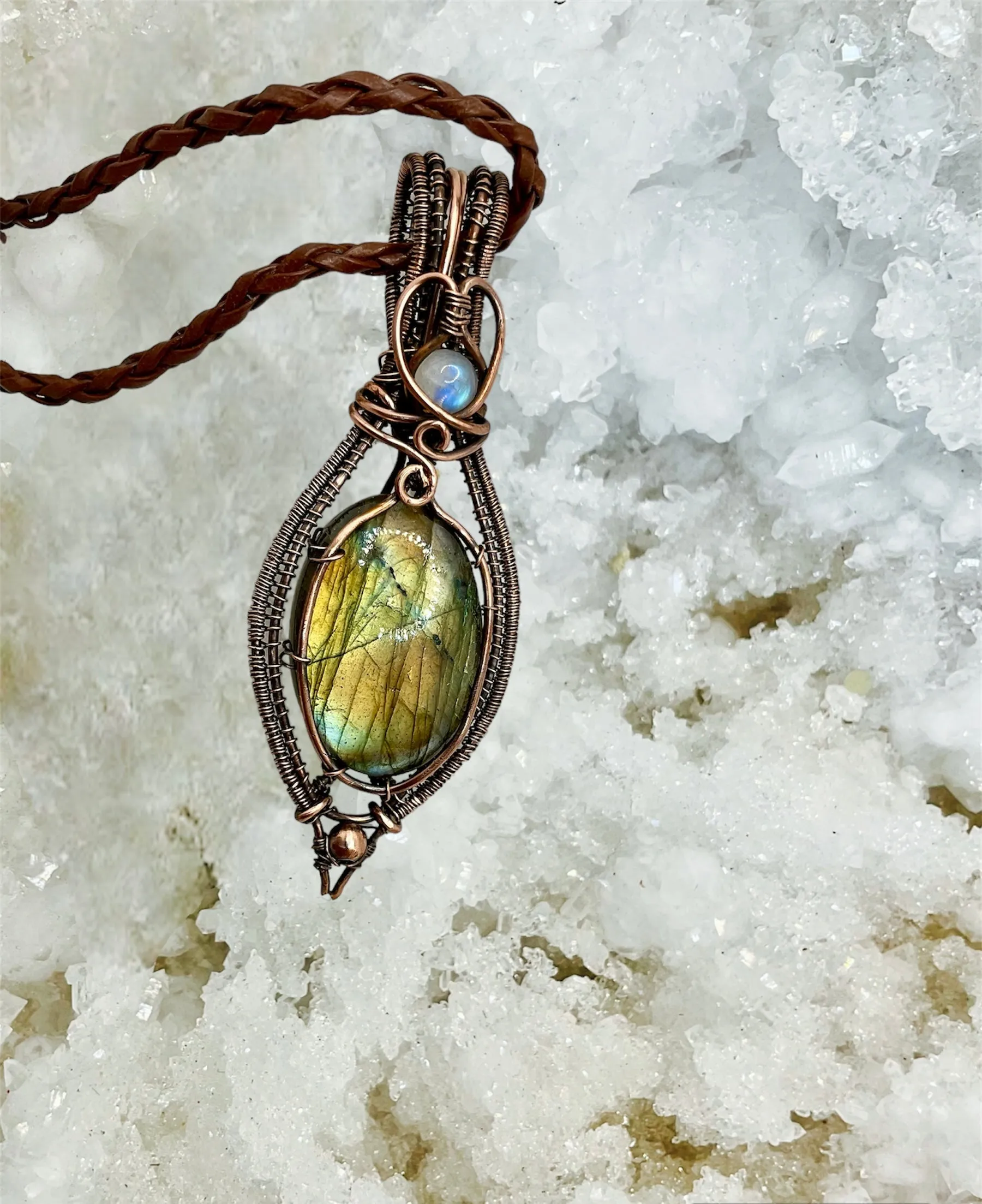 Labradorite and Moonstone Wire Wrapped Pendant