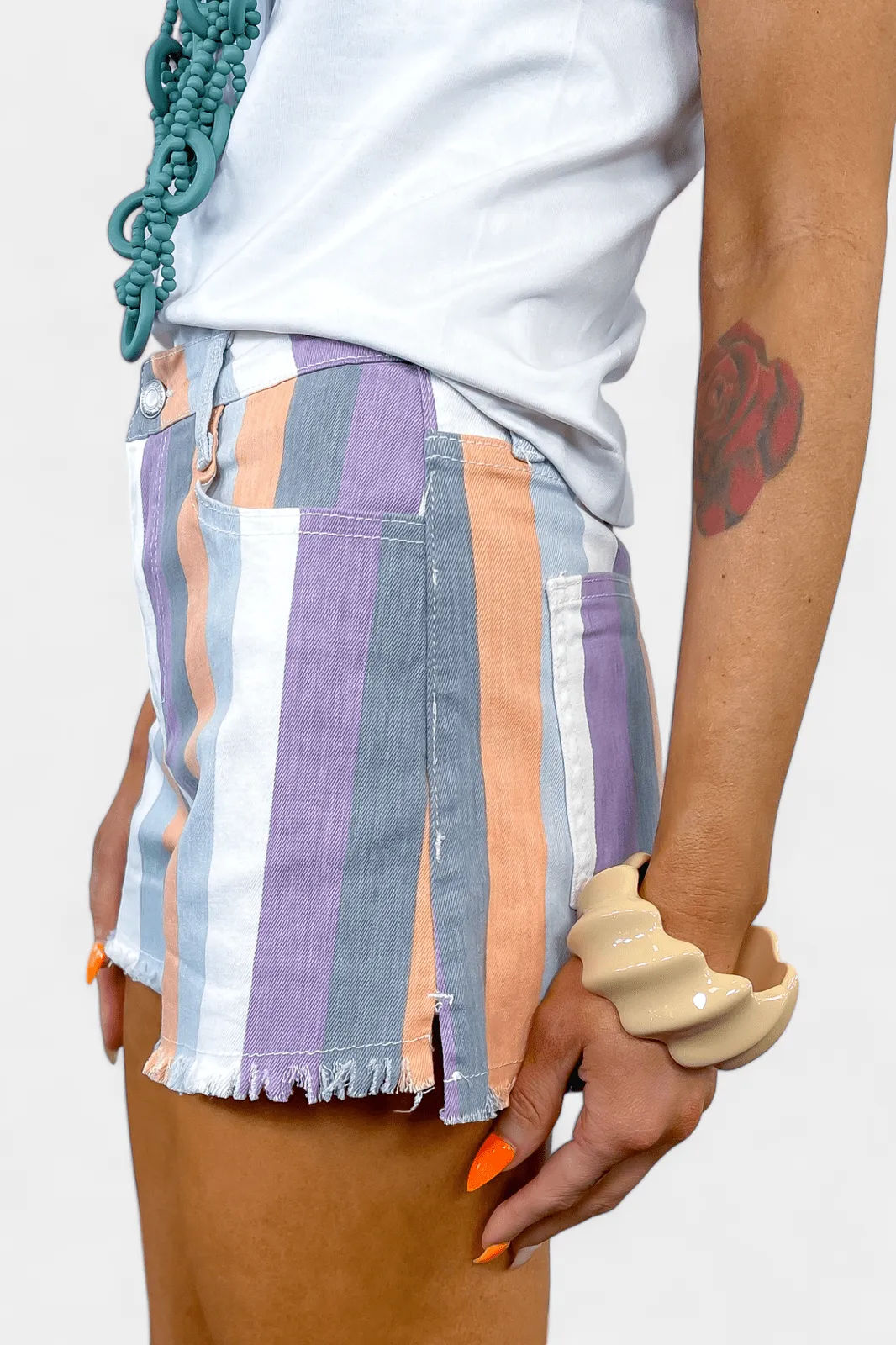 Lavender Multi Striped Denim Shorts