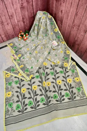 Light Grey Color Jamdani Saree with Lace Work