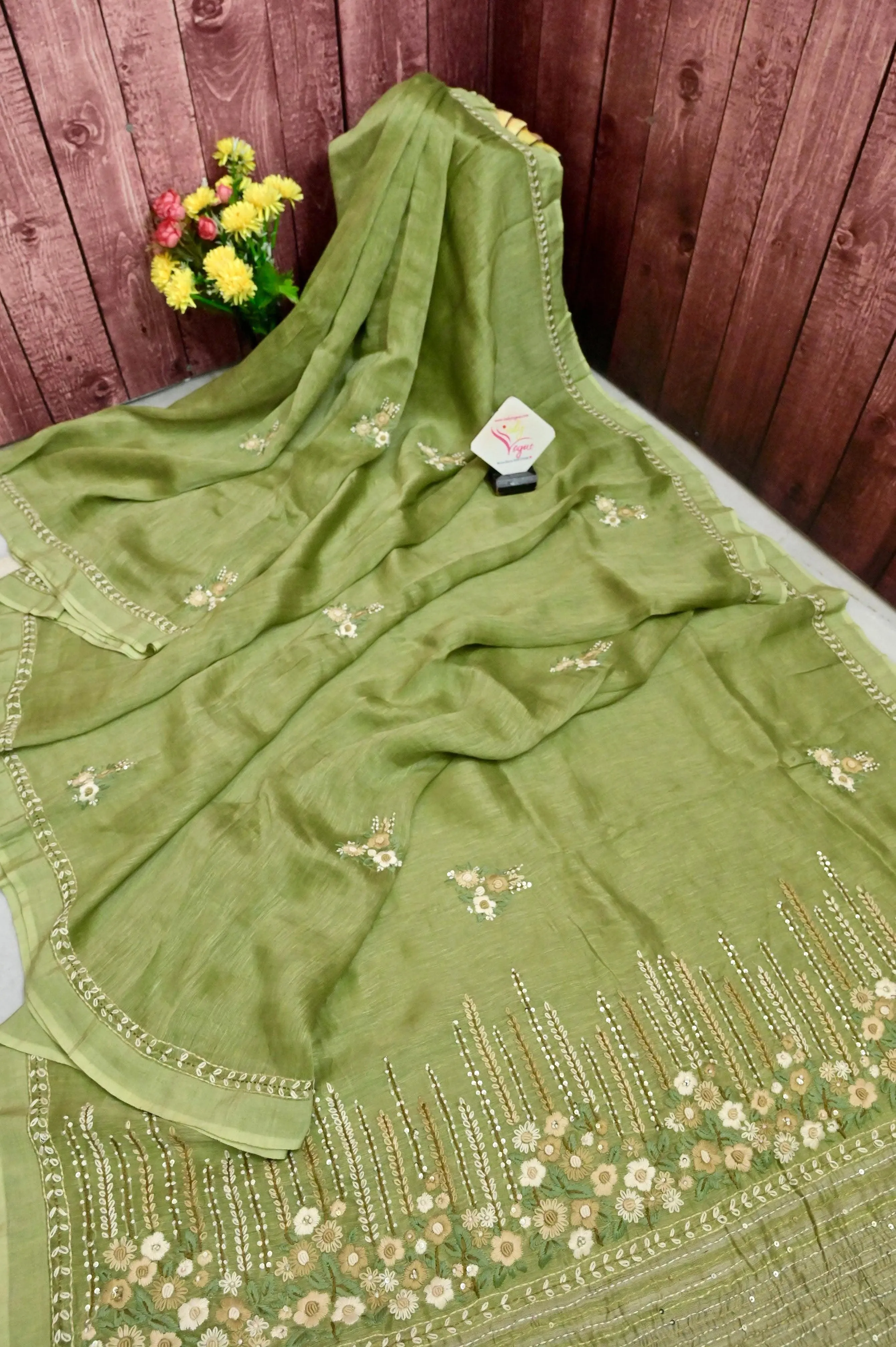 Light Pista Color Silk Linen with Hand Parsi Embroidery and Kantha Stitch Work