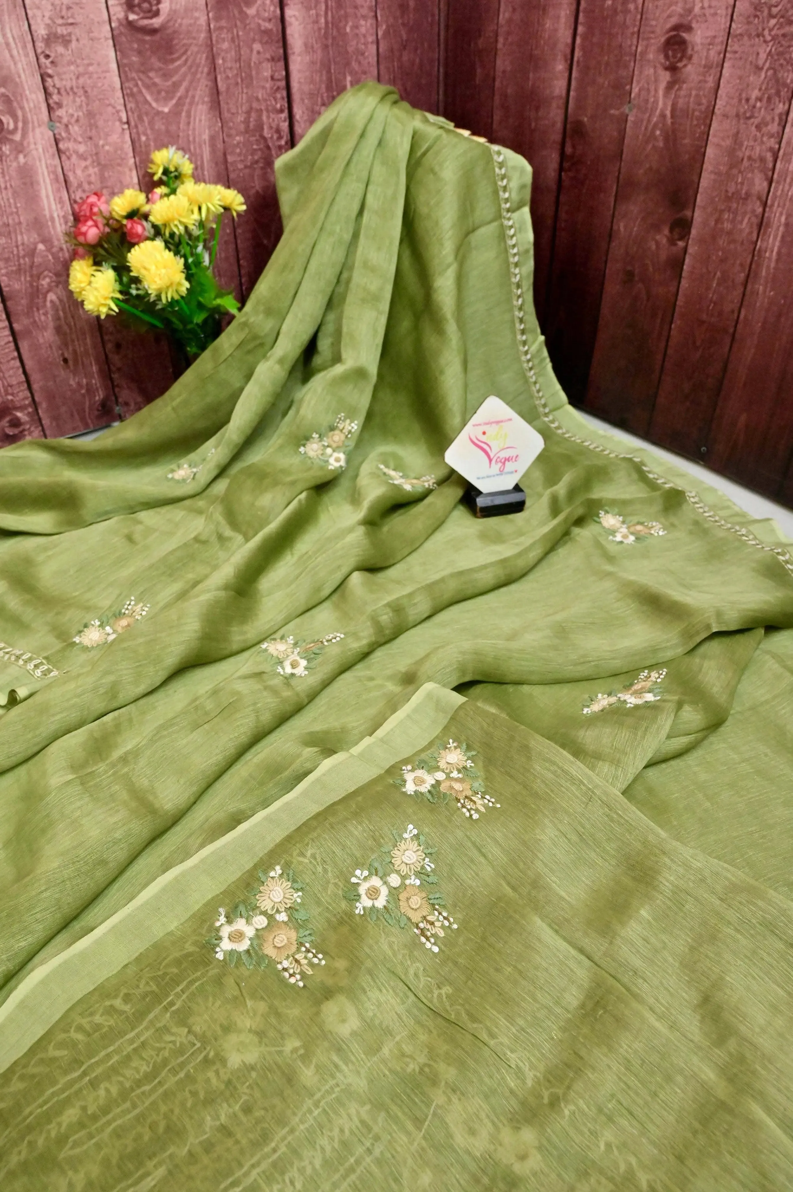 Light Pista Color Silk Linen with Hand Parsi Embroidery and Kantha Stitch Work