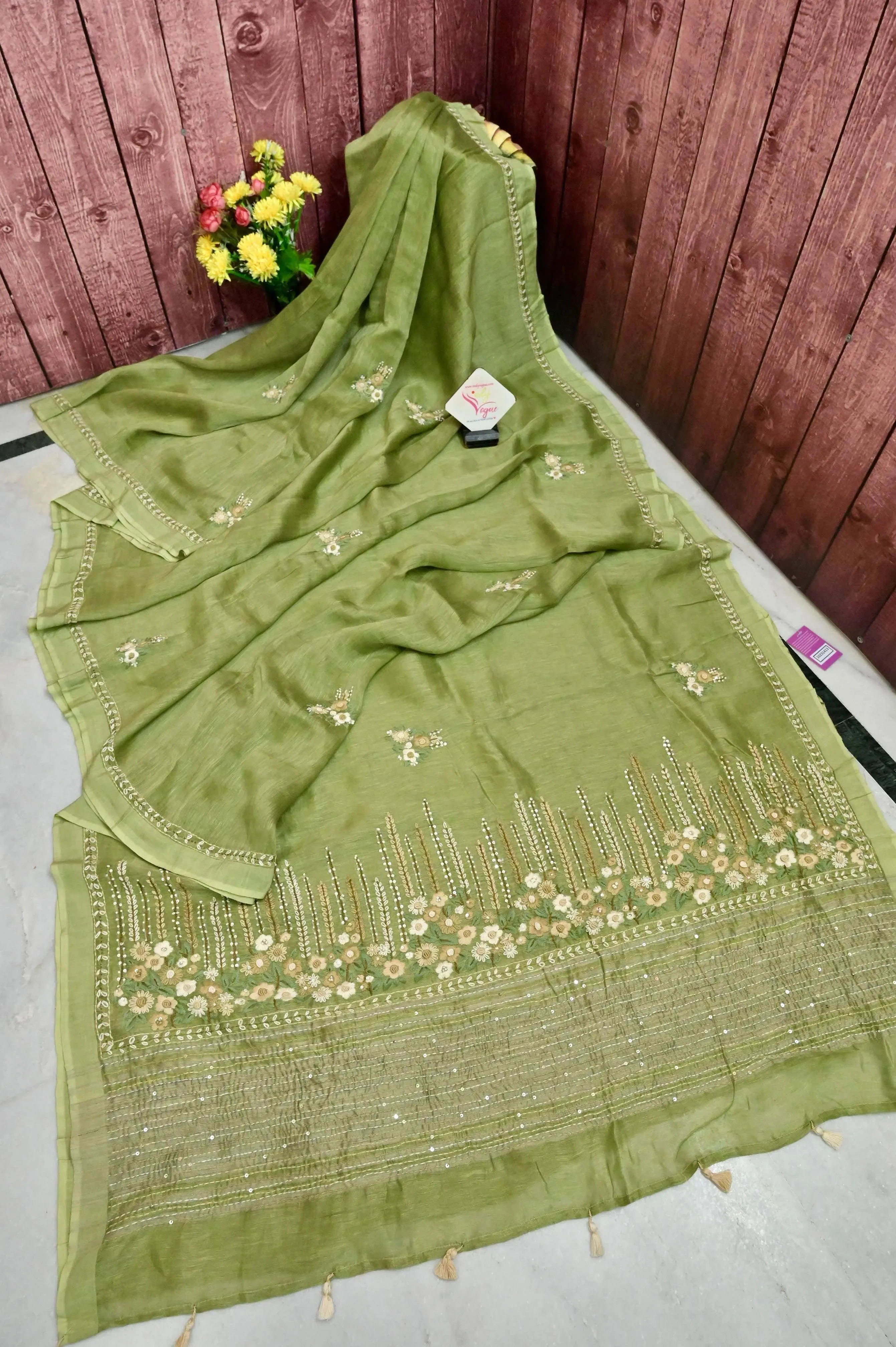 Light Pista Color Silk Linen with Hand Parsi Embroidery and Kantha Stitch Work