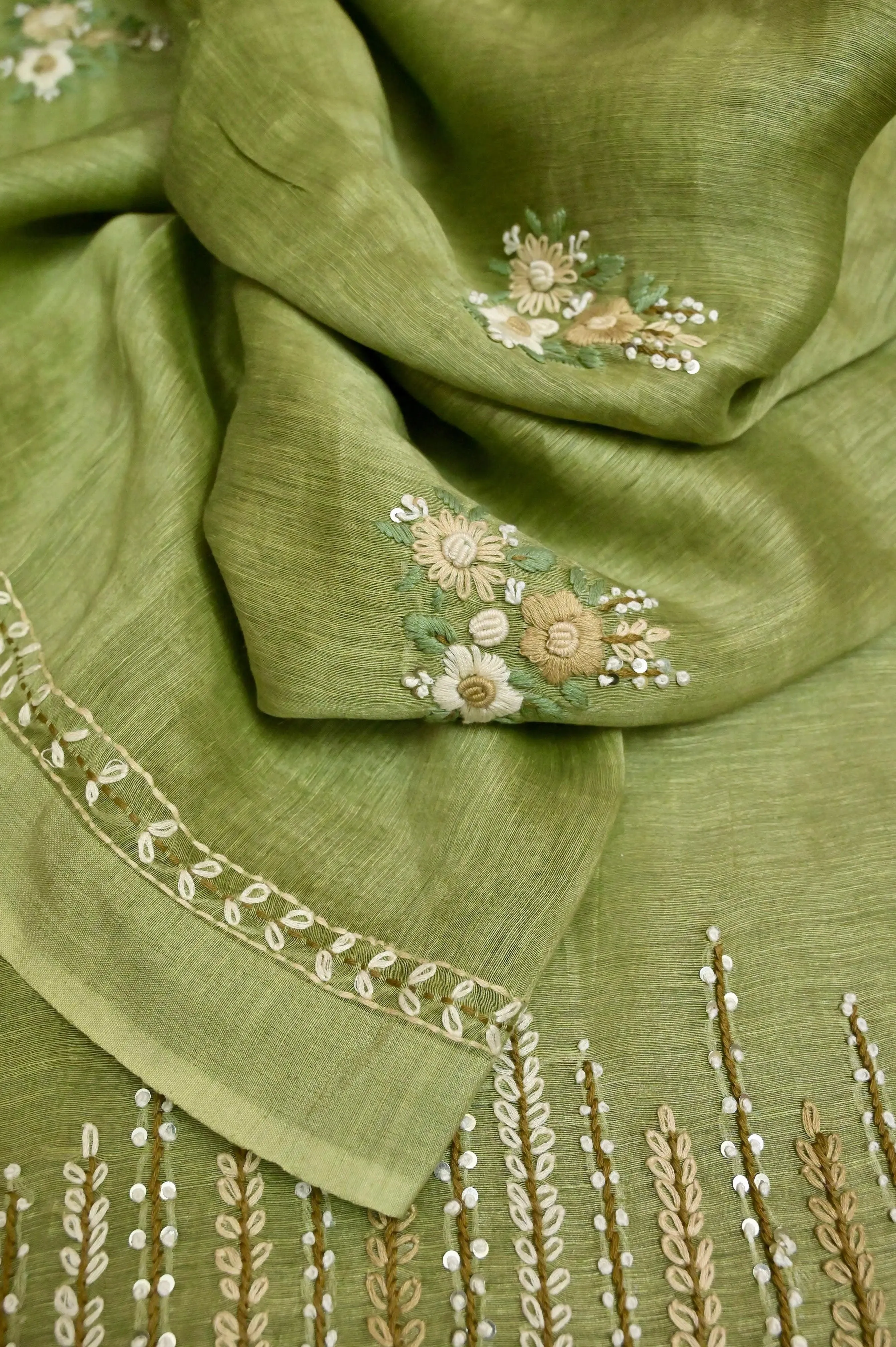 Light Pista Color Silk Linen with Hand Parsi Embroidery and Kantha Stitch Work