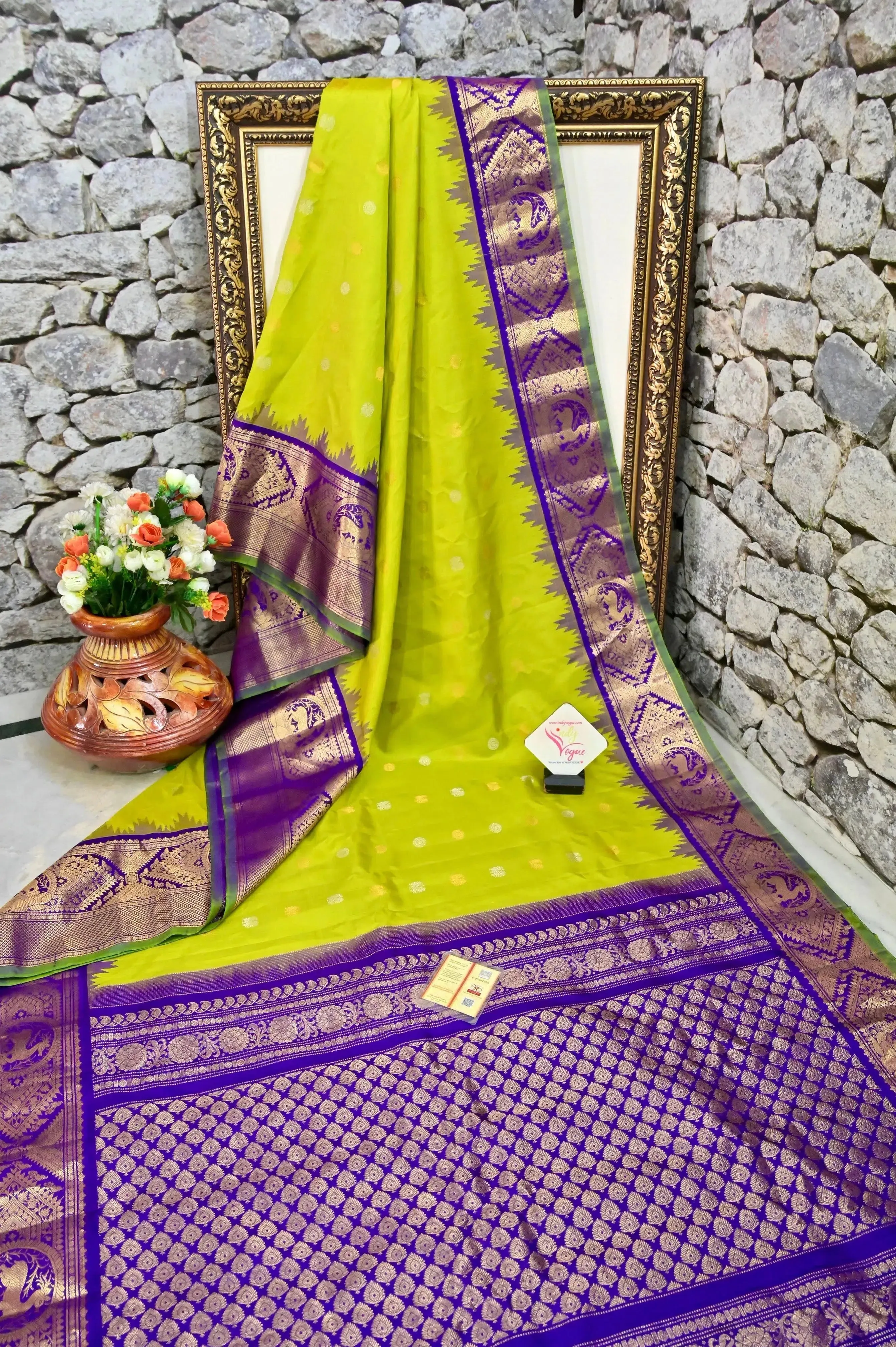 Lime Green Color Pure Gadwal Silk Saree with Golden and SIlver Buti Work