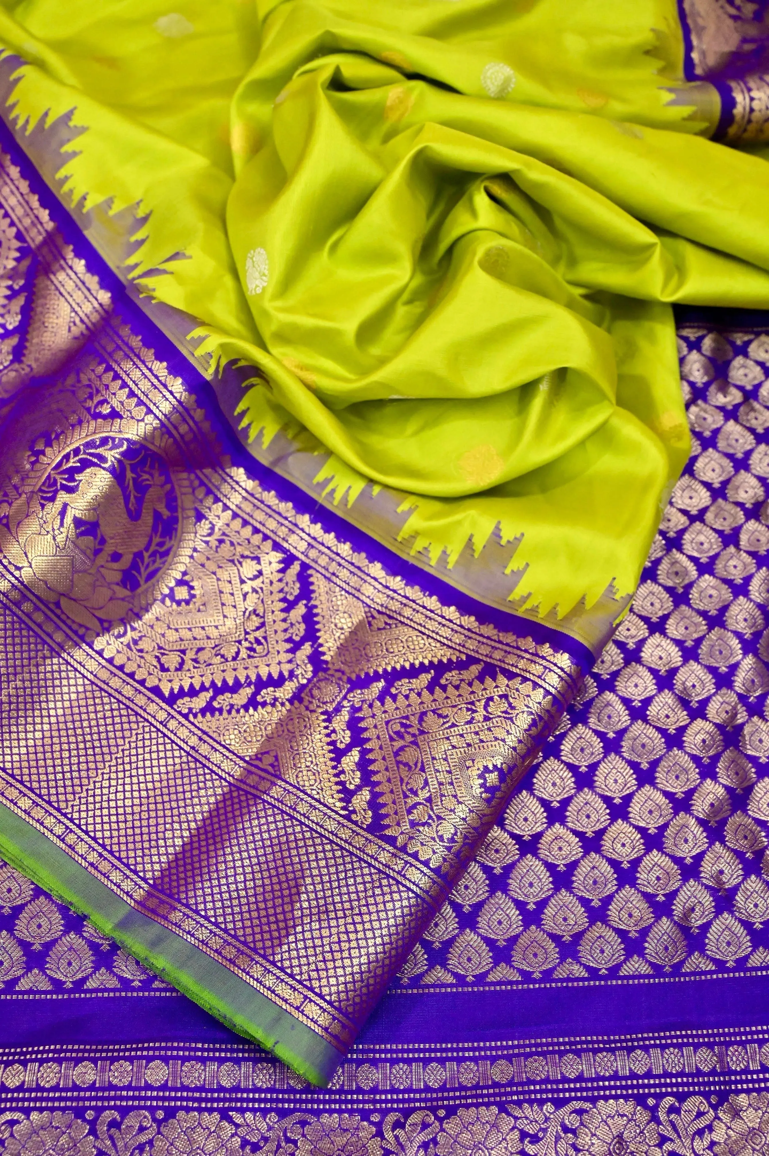 Lime Green Color Pure Gadwal Silk Saree with Golden and SIlver Buti Work