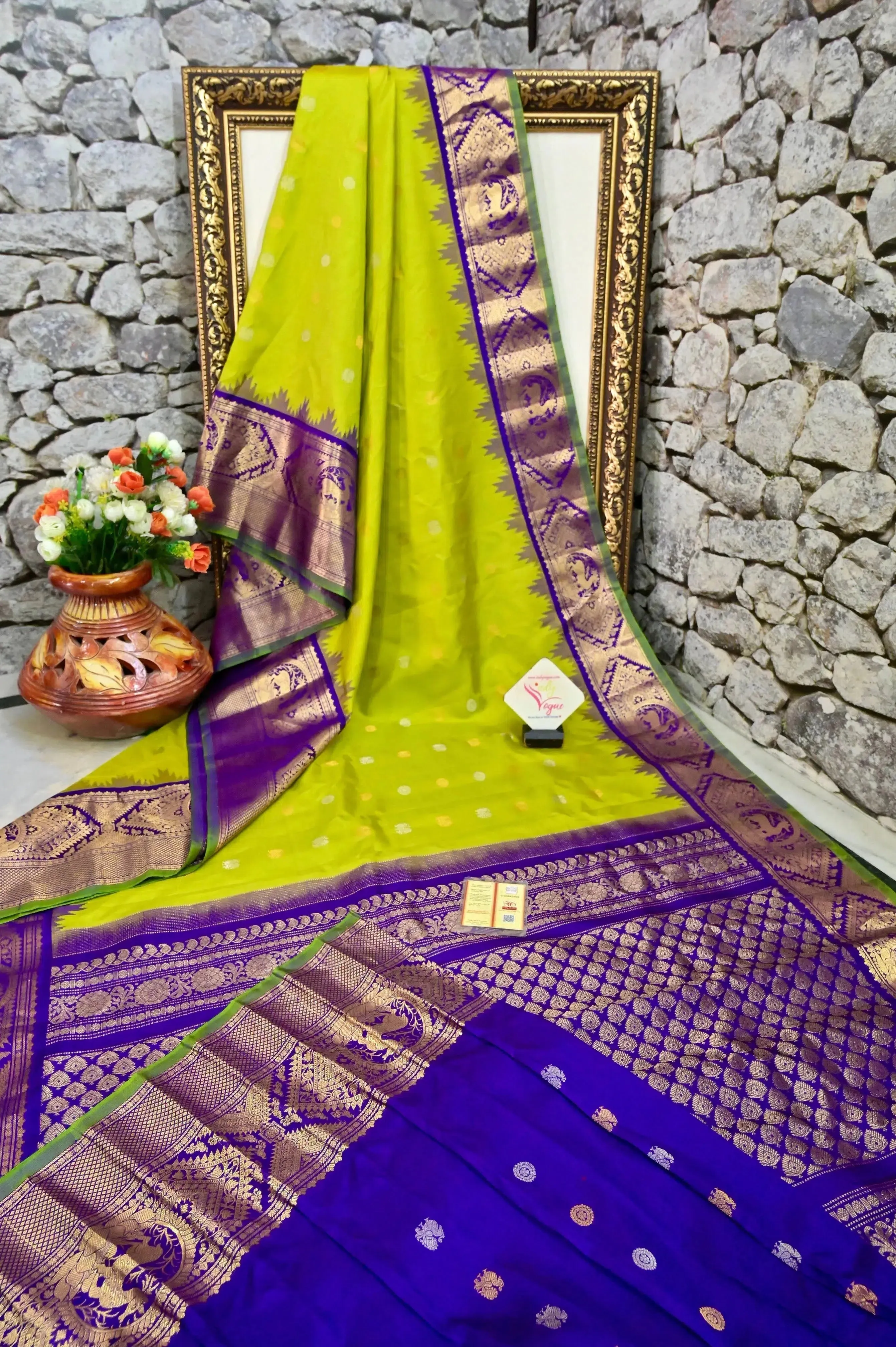 Lime Green Color Pure Gadwal Silk Saree with Golden and SIlver Buti Work