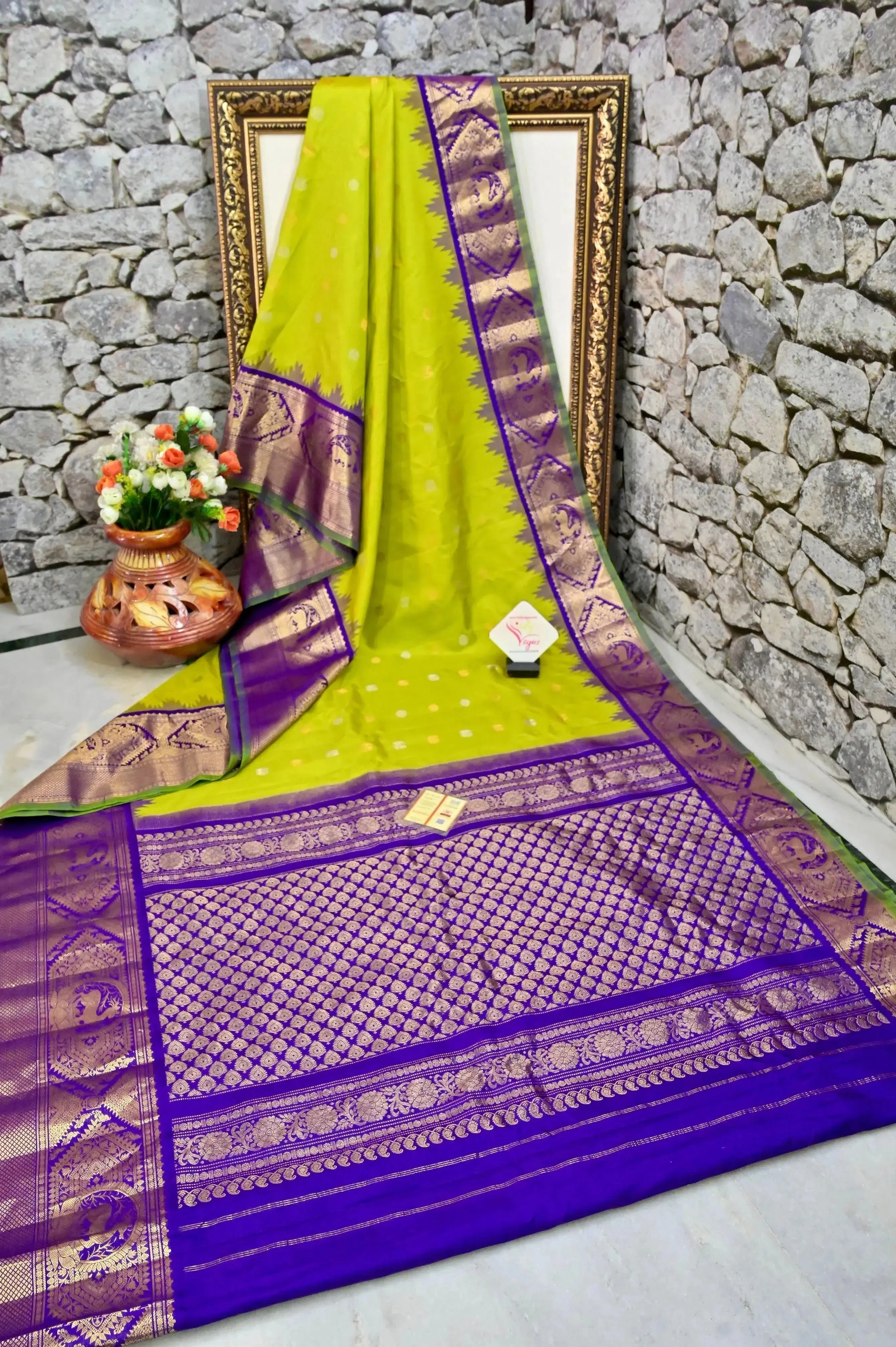 Lime Green Color Pure Gadwal Silk Saree with Golden and SIlver Buti Work