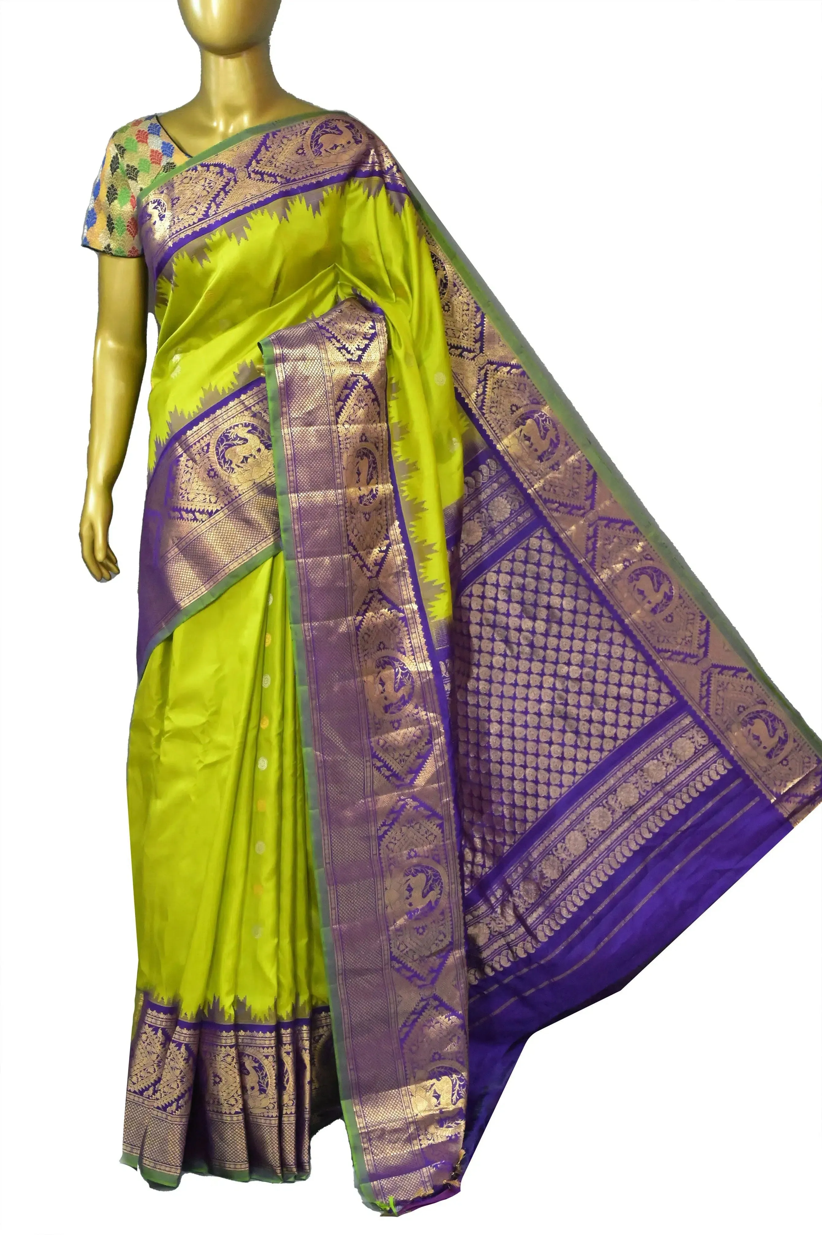 Lime Green Color Pure Gadwal Silk Saree with Golden and SIlver Buti Work