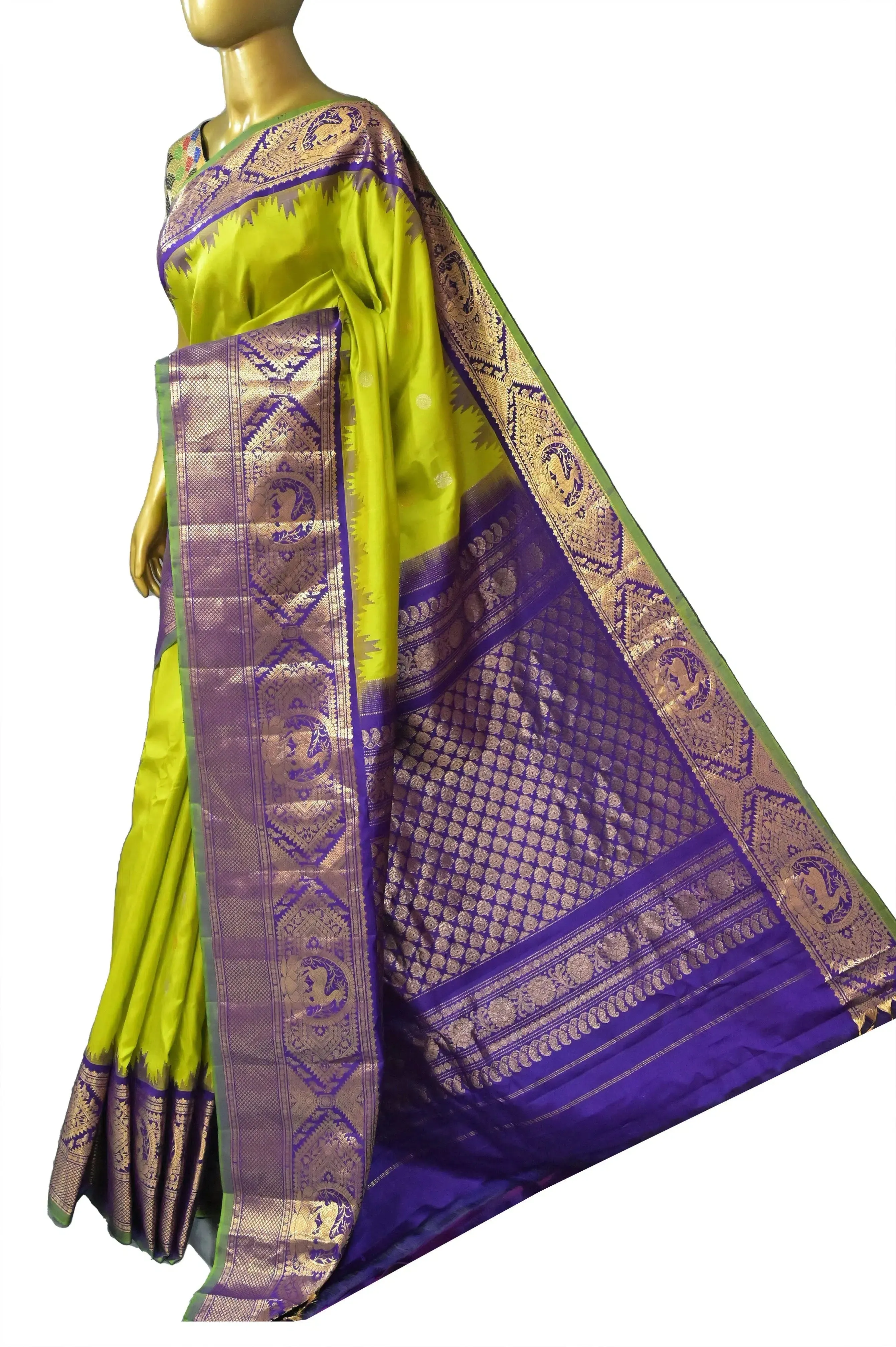 Lime Green Color Pure Gadwal Silk Saree with Golden and SIlver Buti Work