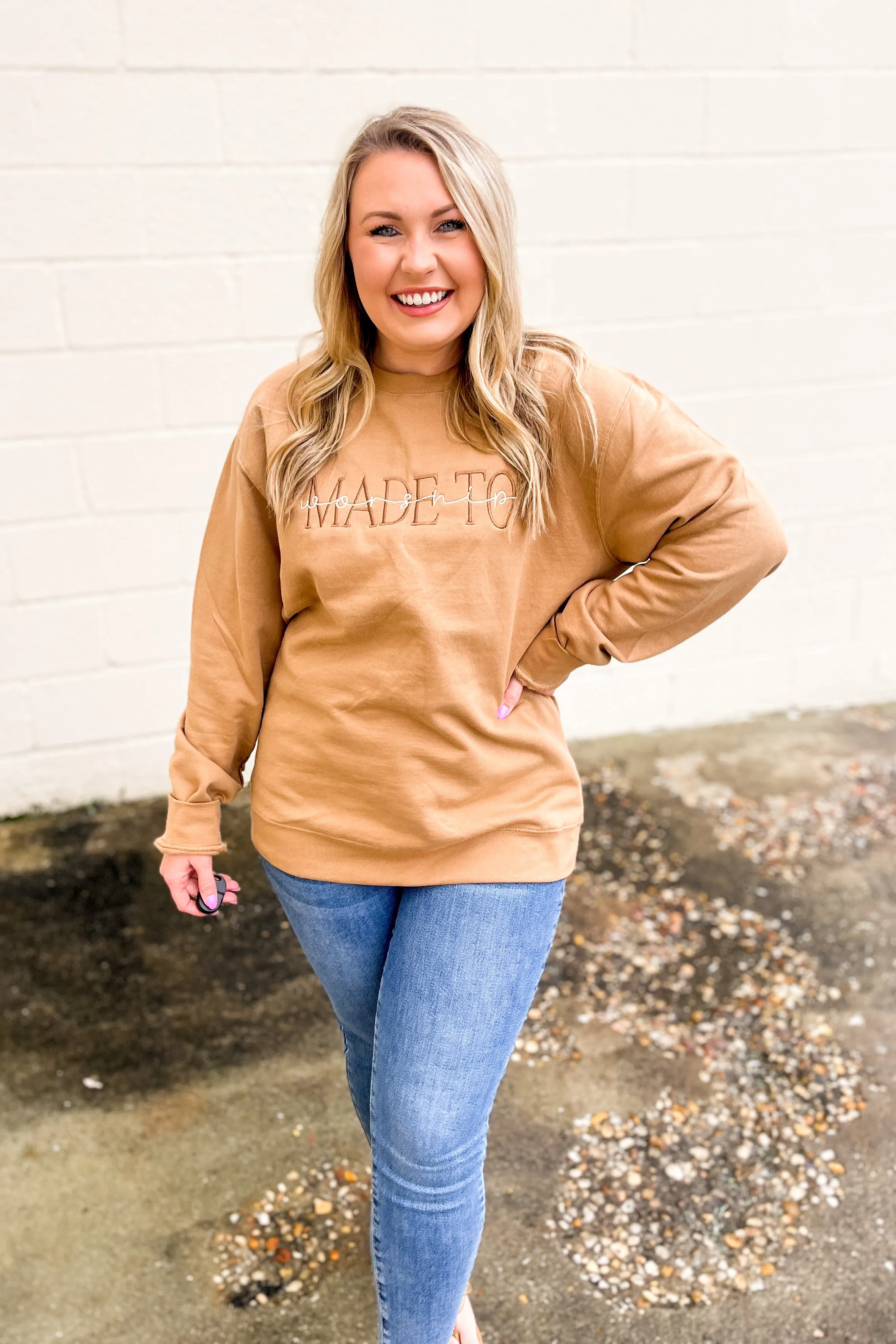 Made to Worship Embroidered Sweatshirt, Sandstone