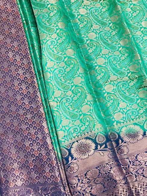 Magnificent Light Green Color Banarasi Soft Silk Saree With Contrast Brocade Blouse