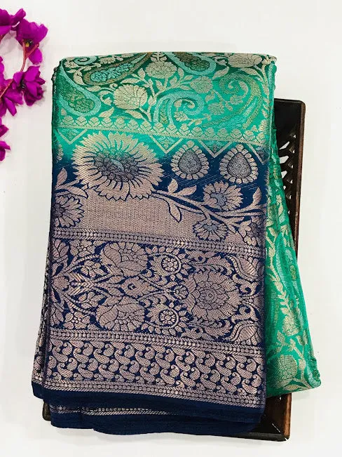 Magnificent Light Green Color Banarasi Soft Silk Saree With Contrast Brocade Blouse