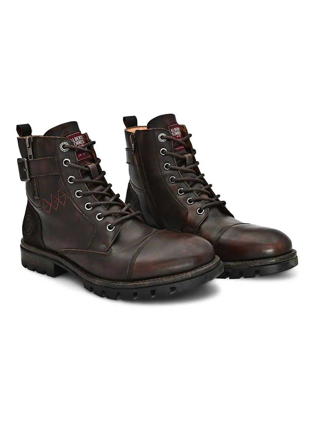 Men Brown Cap toe side zipper buckled boots