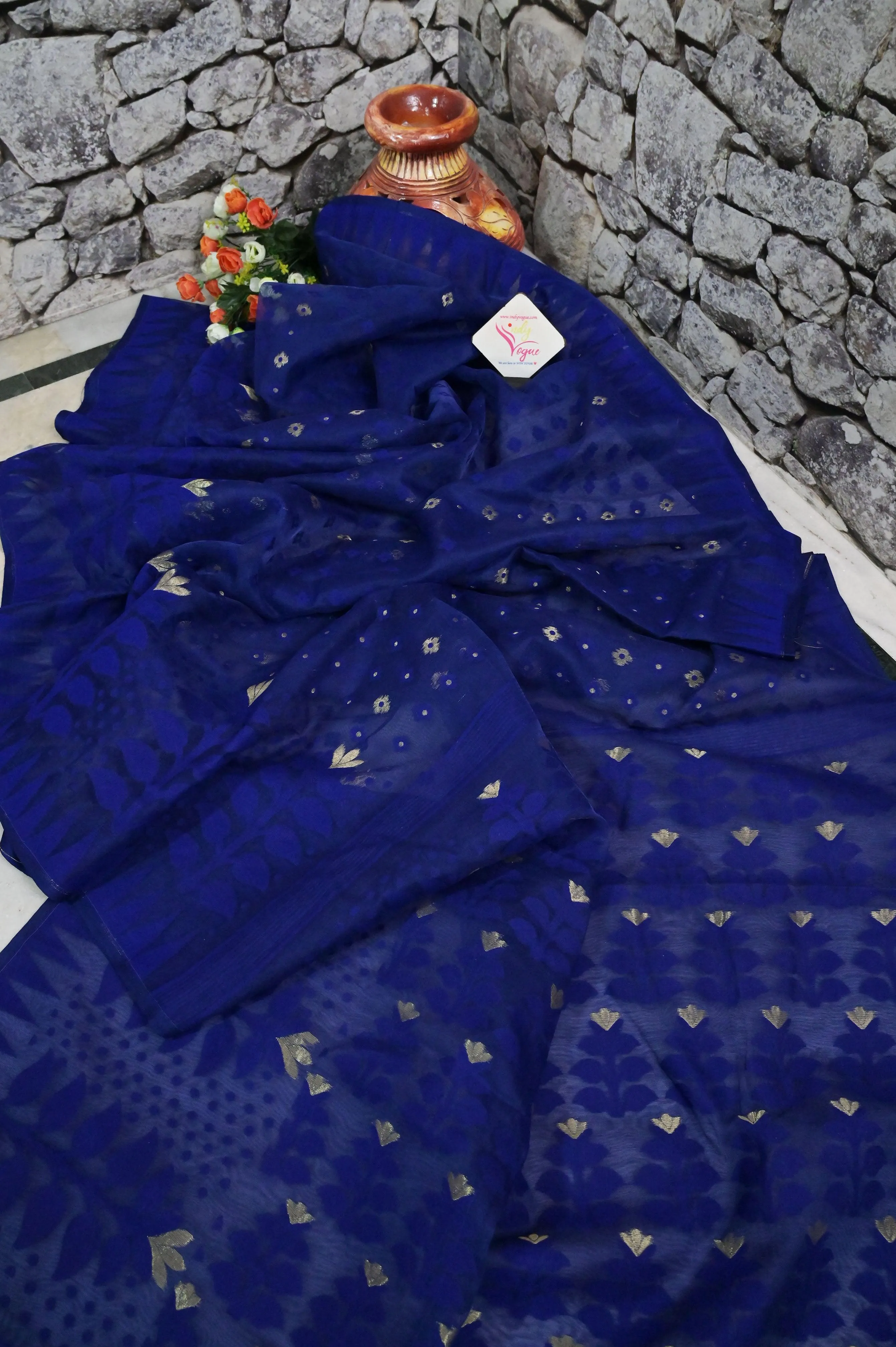 Midnight Blue Color Jamdani Saree with Self Weaving